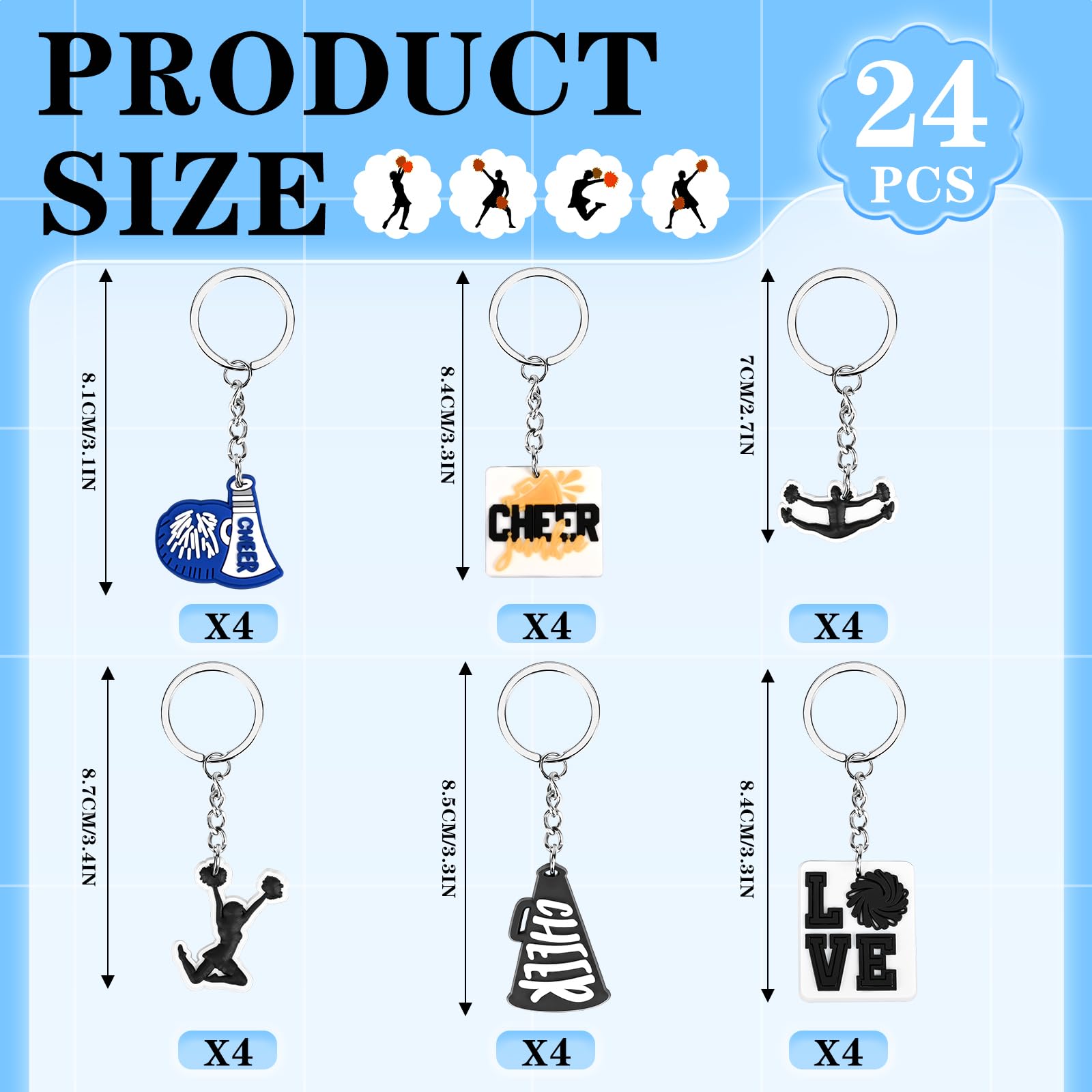 Olgaa 48 PC Cheerleader Gifts - 24 PC Cheer Bags, Portable Makeup Bags, PVC Keychains - Bulk Cheerleading Gifts (Blue)