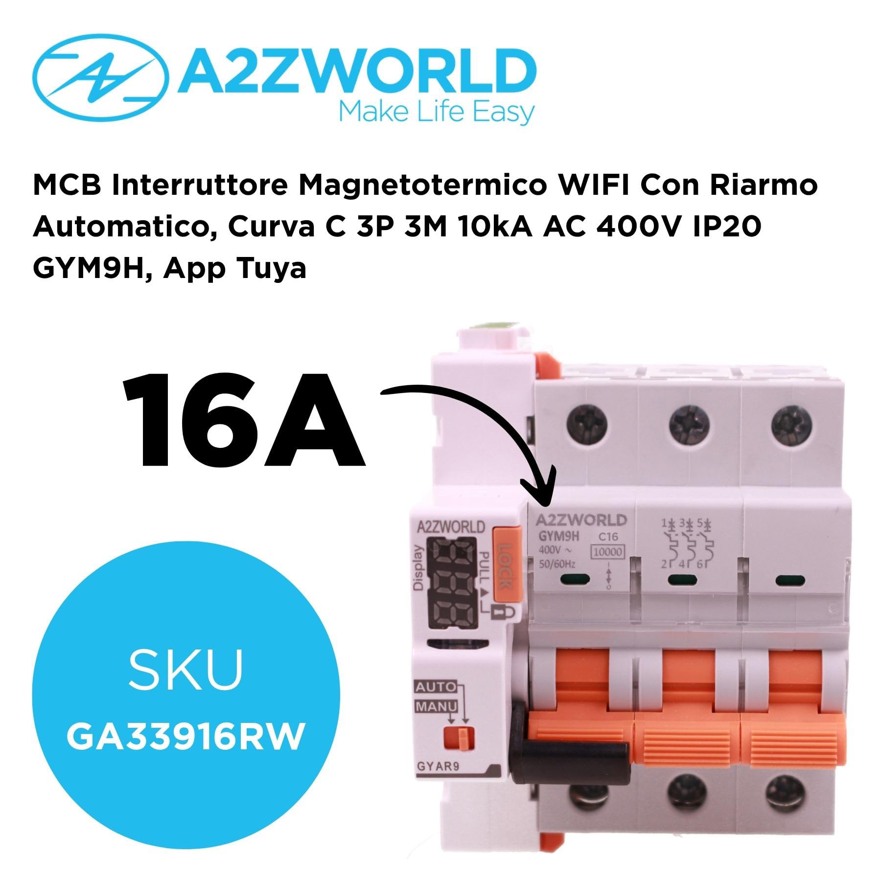 Interruttore Magnetotermico WIFI Riarmo Automatico, 3P 16A C16, MCB Curva C 10kA, APP Tuya Smart Life, 4 Moduli DIN 400V, Serie Professionale GYM9H