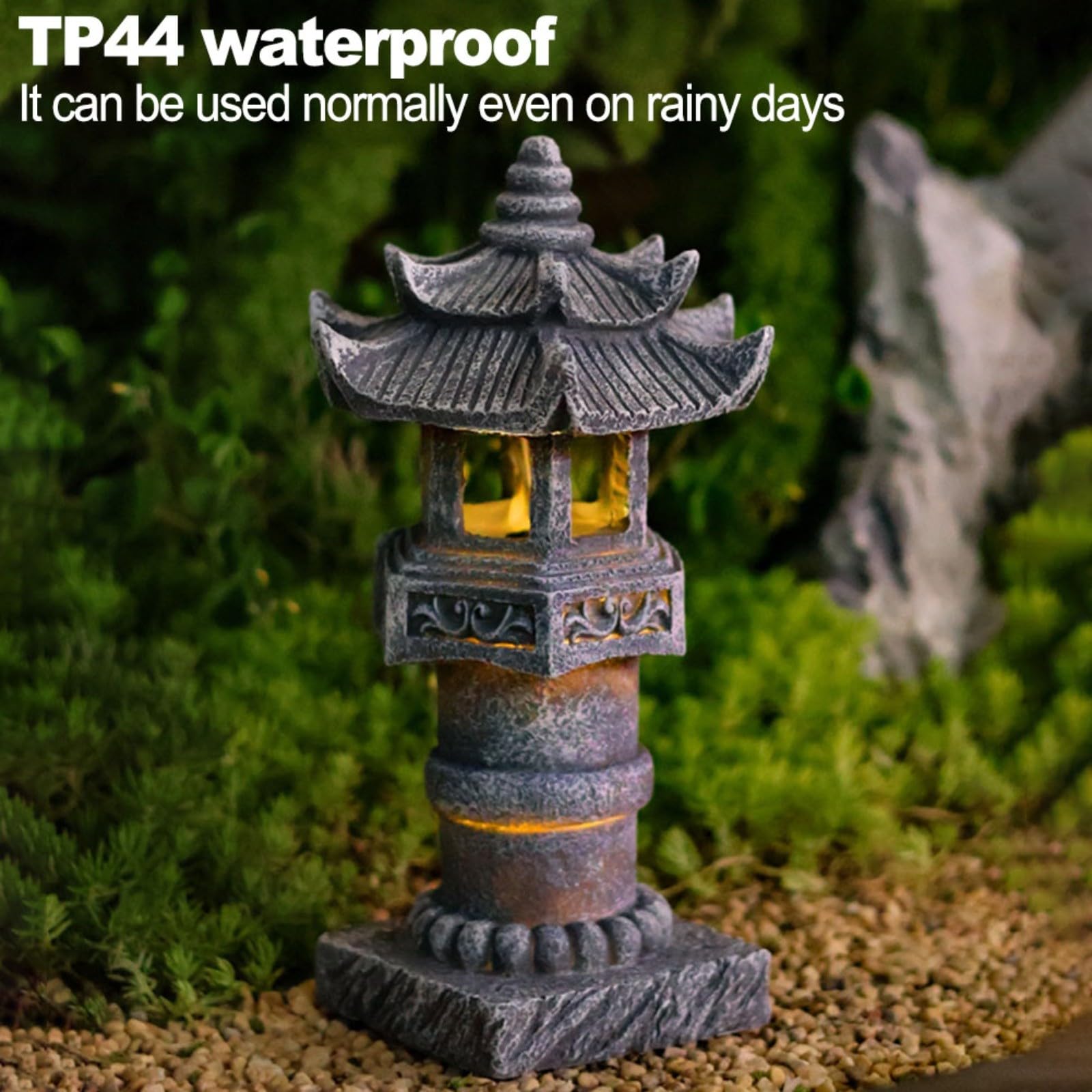 Lampada a pagoda ad energia solare, statua da giardino zen in resina con struttura in pietra, impermeabile IP44, lanterna da esterno per cortile, patio, prato, 12,2 x 12,2 x 30,5 cm