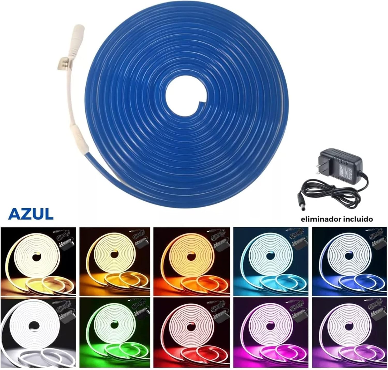 Image displaying the contents of the package: one coiled blue neon strip light and one US plug power adapter.