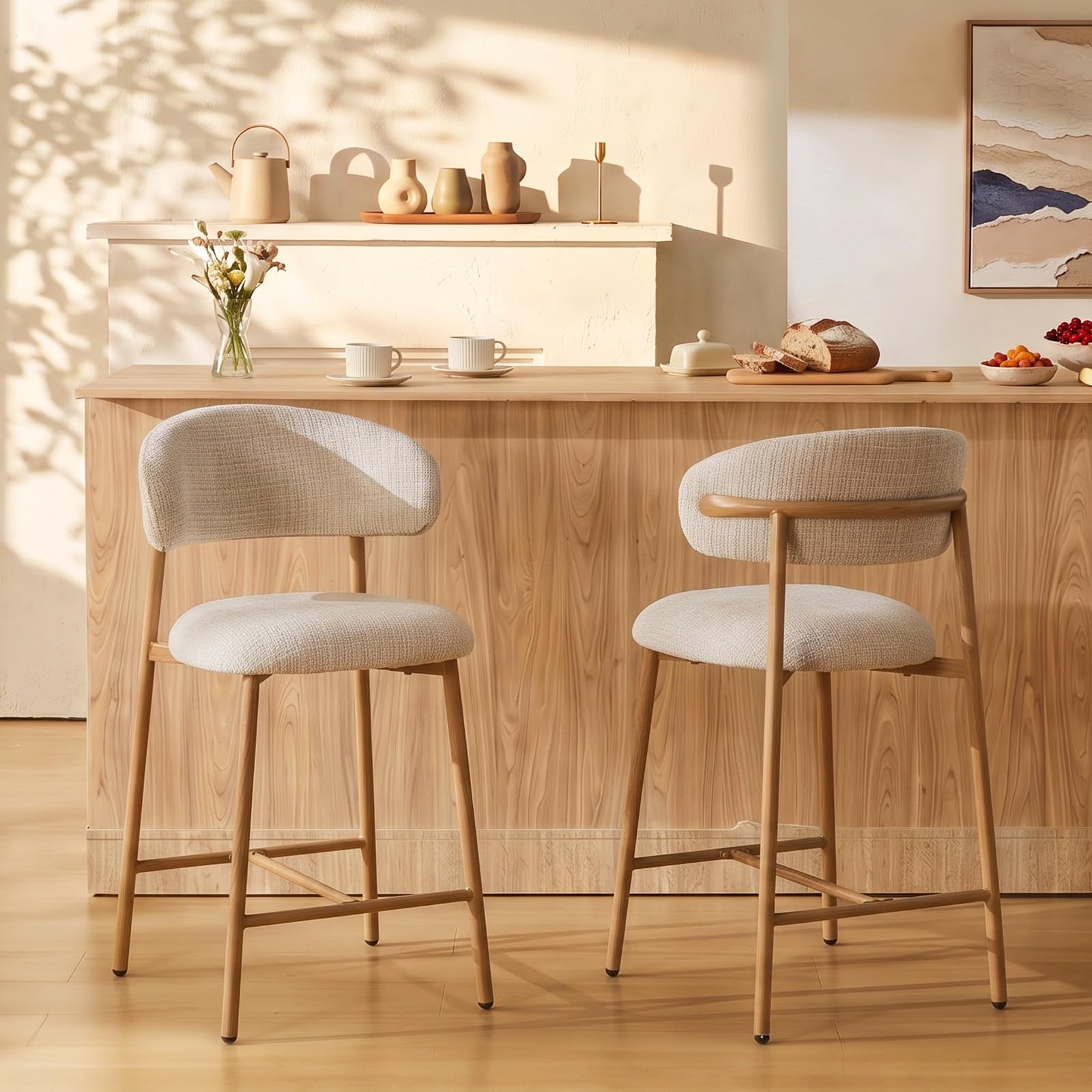 LEMROE Counter Height Bar Stools Set of 2, Chenille Bar Chair with Backrest