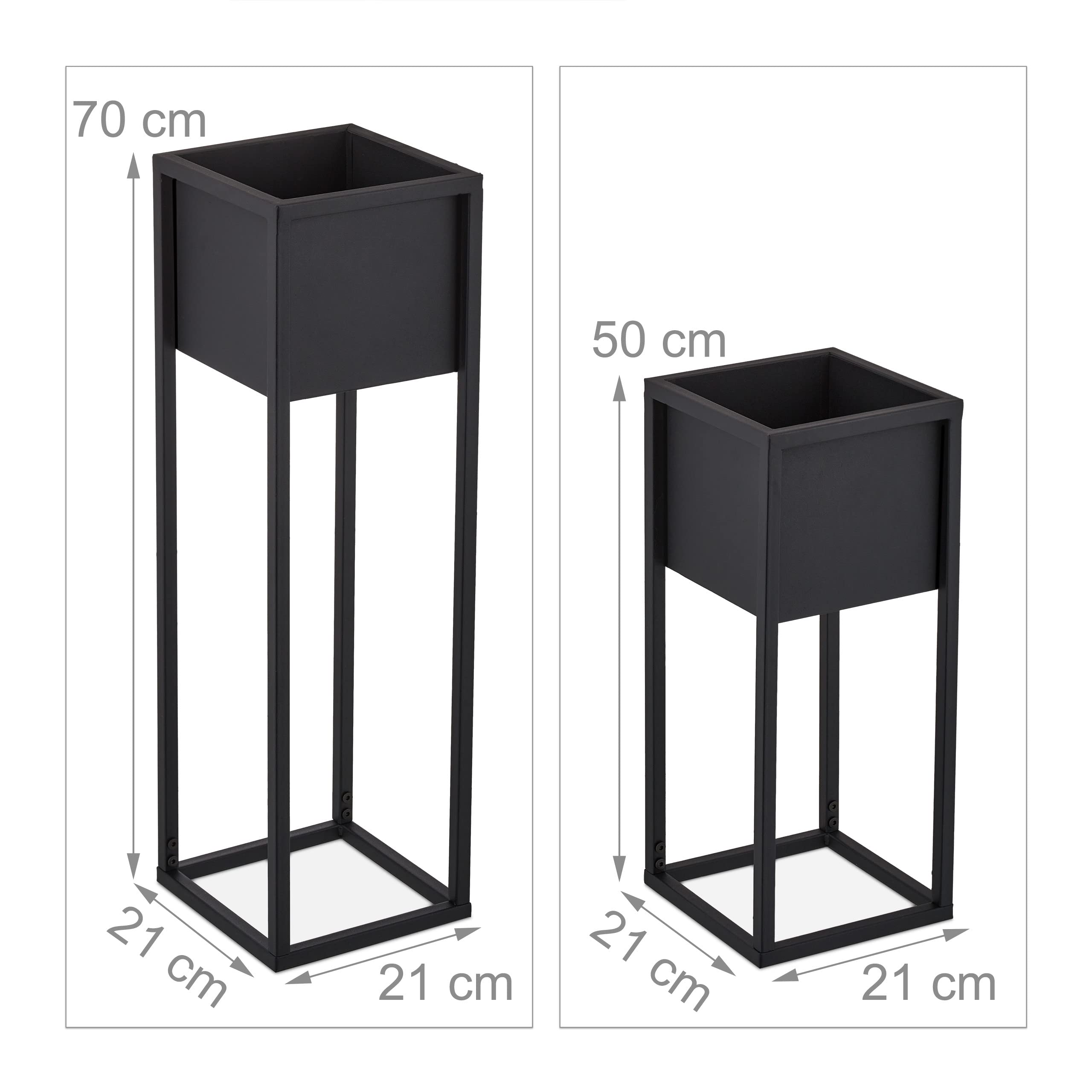 Relaxdays Juego de 2 Jardineras, Metal, 2 Tamaños, con Soporte, Salón y Pasillo, Bancal Cuadrado para Plantas, Negro