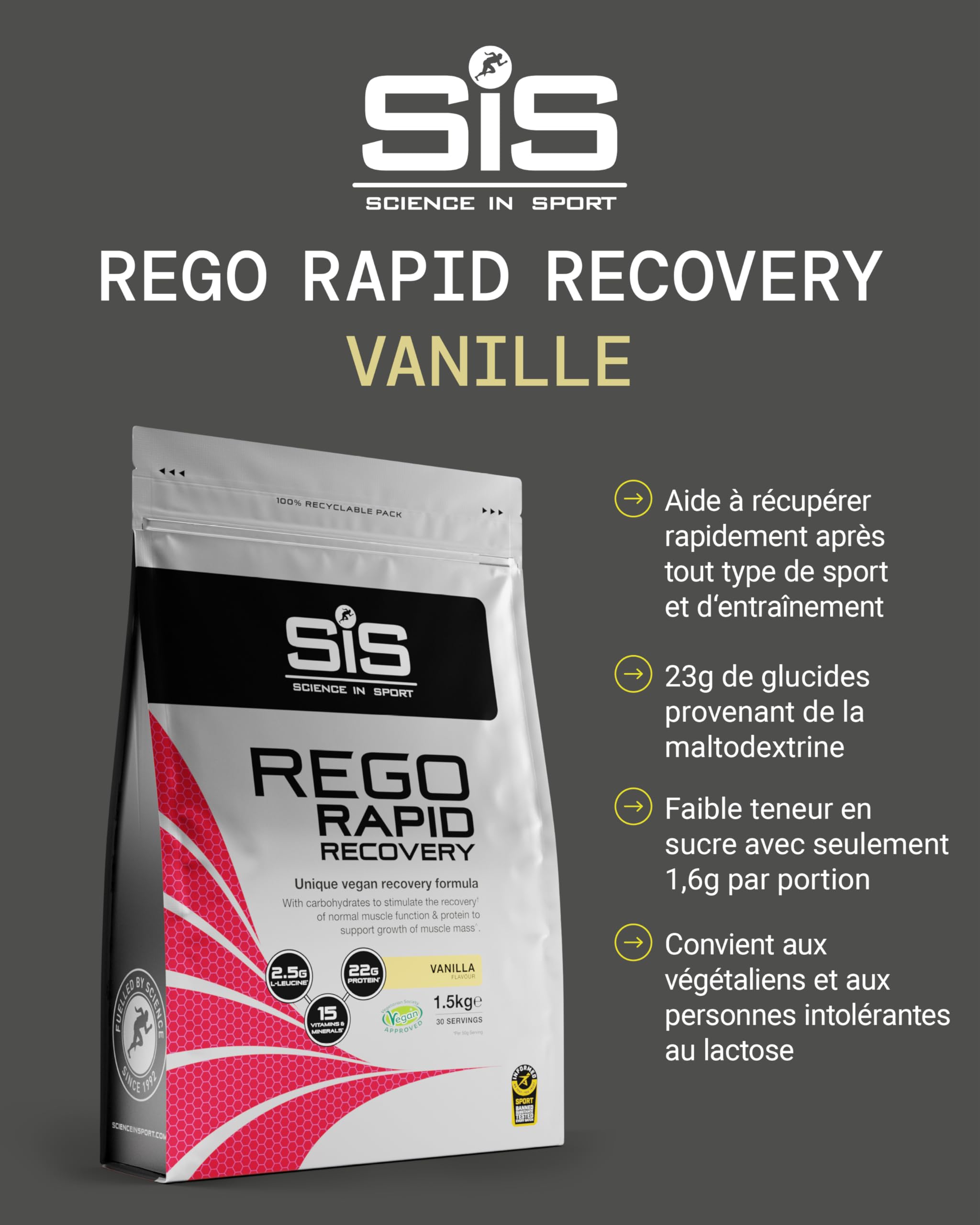 Science in Sport Rego Rapid Recovery Poudre 1,5kg Vanille Vegan - Poudre récupération avec glucides, protéines, électrolytes, vitamines et minéraux, soutient un entraînement efficace