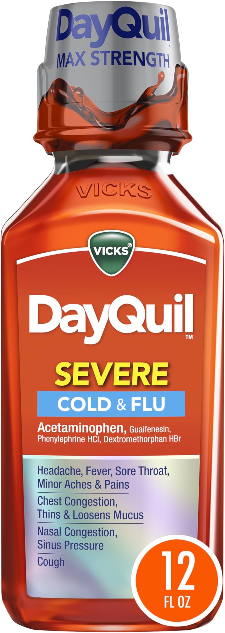 DayQuil SEVERE Cold & Flu Relief Liquid Medicine, Maximum Strength 9-Symptom Non-Drowsy Daytime Relief for Headache, Fever, Sore Throat, Minor Aches and Pains, Chest Congestion, Stuffy Nose, Nasal Congestion, Sinus Pressure, and Cough, 12 FL OZ