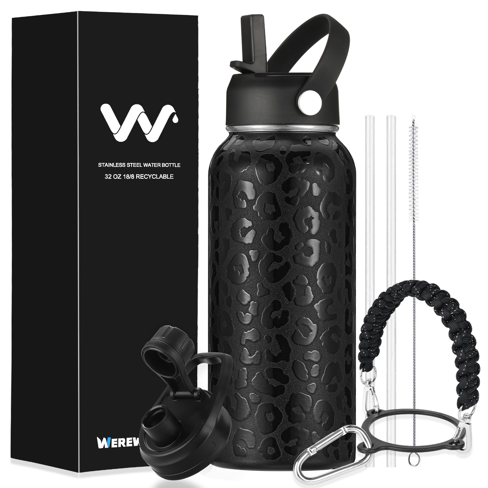 WEREWOLVES Personalized Insulated Water Bottle with Paracord Handle Straw Lid & Spout Lid, Vacuum Stainless Steel Wide Mouth Water Bottle for Adults (32oz, Leopard Print-Black)