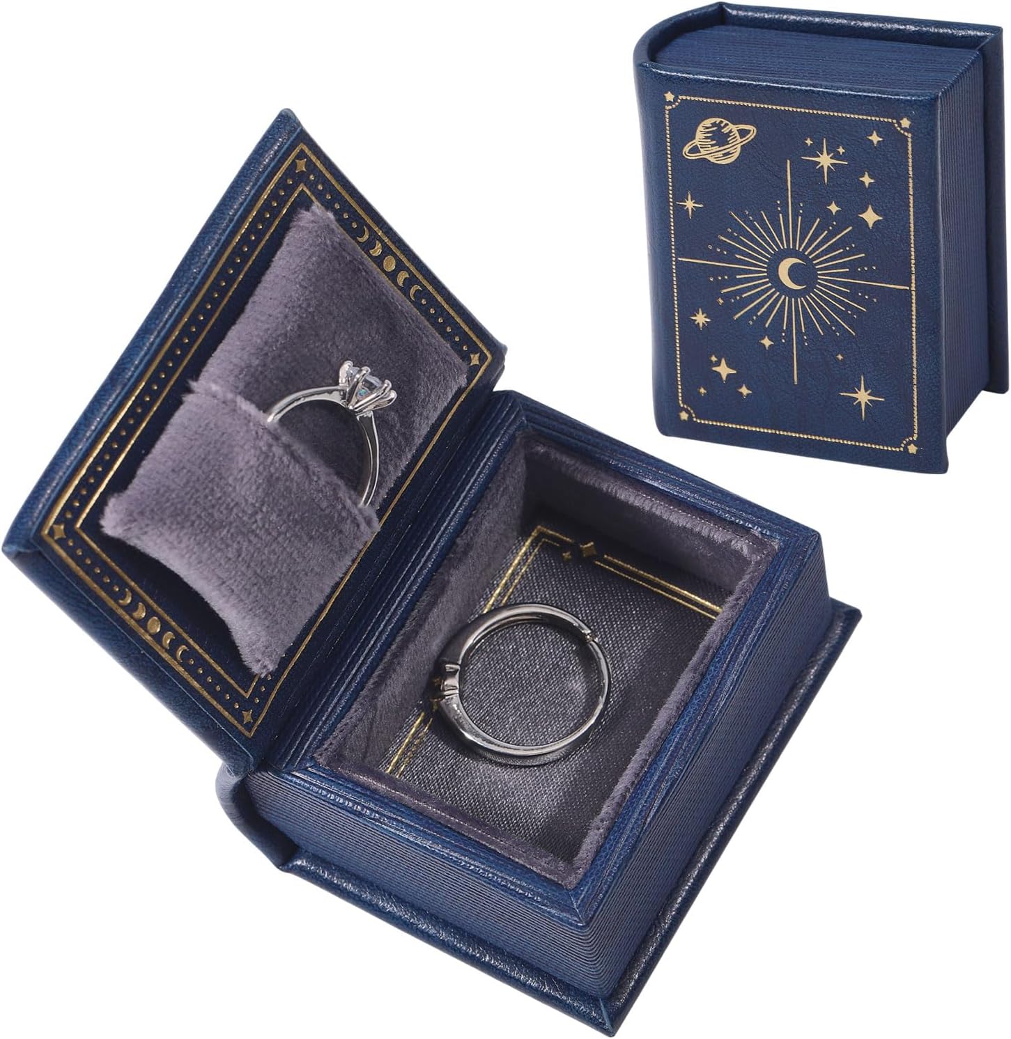 Vintage Magic Book Shaped Ring Box Book Shaped Jewelry Box Imitation Leather Ring Storage Box for Proposal Engagement Gift Wedding Earrings Bracelet Necklace, Marine Blue