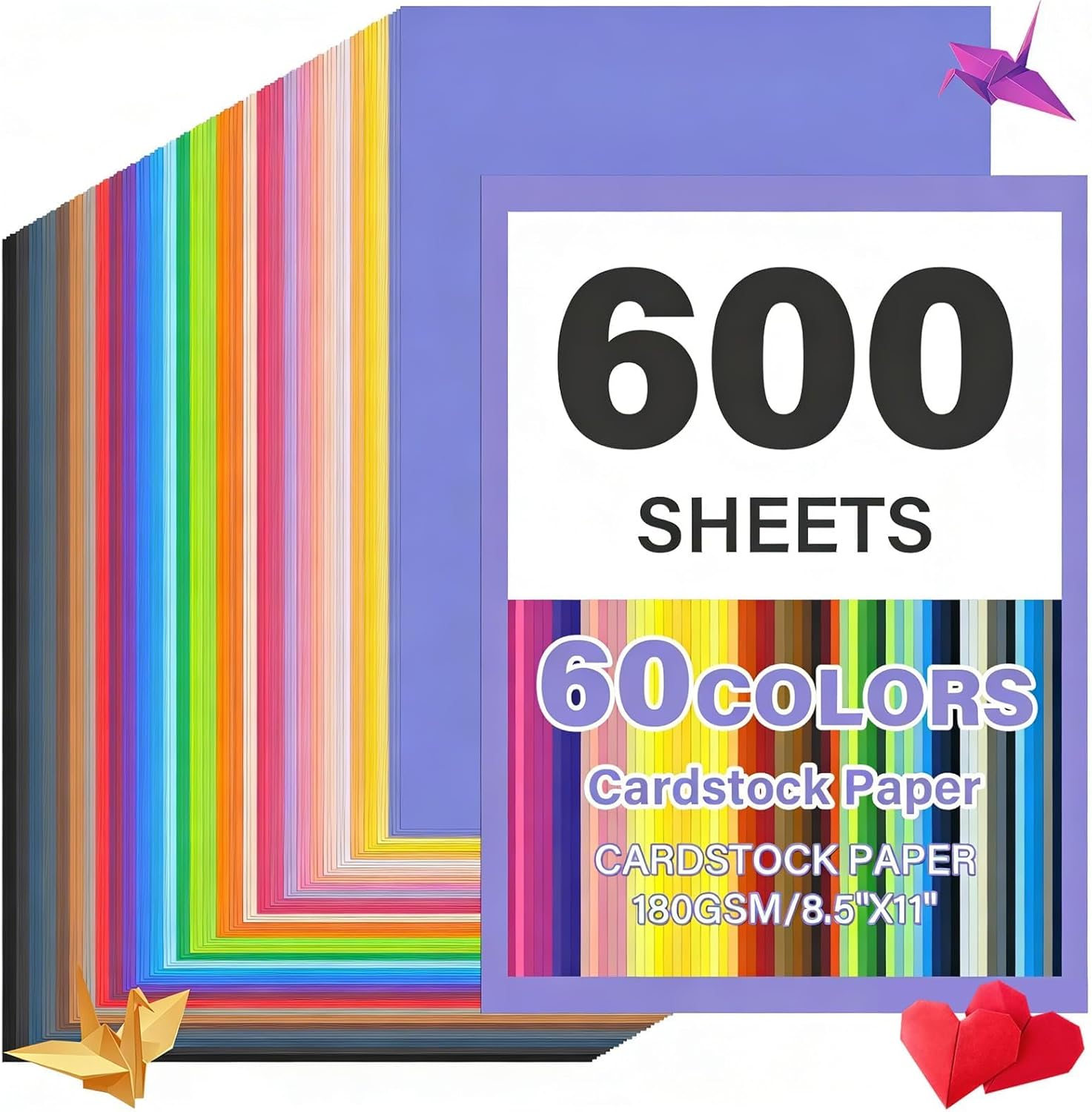 600 Sheets 8.5" X 11" Colored Cardstock, 60 Assorted Colors Construction Paper Card Stock Printer Paper For Printing, Cardstock Paper, Color Paper For Diy Crafts, Kids School Supplie(180gsm/65lb)