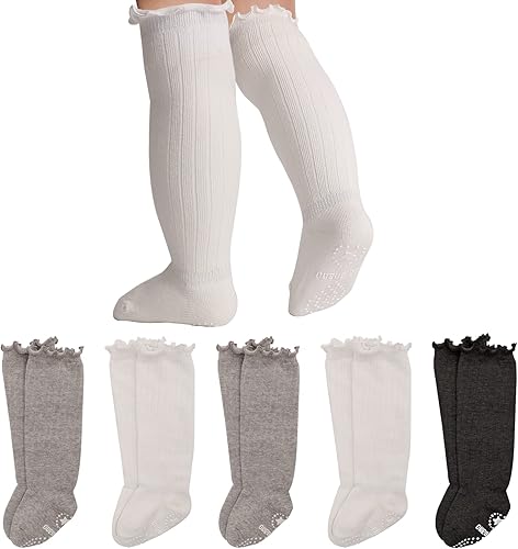 Calcetines hasta la rodilla para bebé niña, calcetines antideslizantes para niños pequeños, tubo con volantes, uniforme para recién nacidos, 5 pares