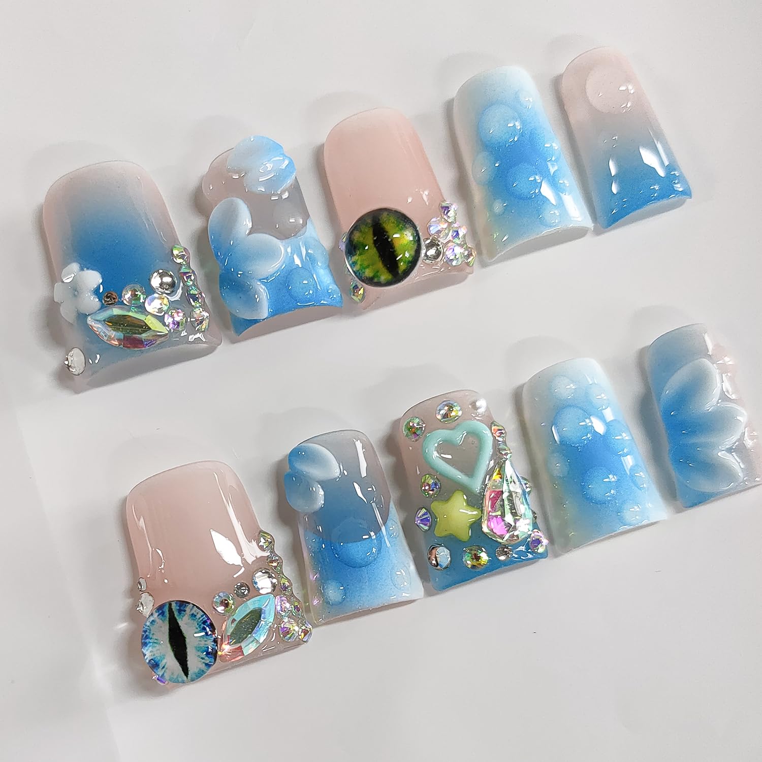 Uñas postizas a presión hechas a mano con diseño de pato corto 3D, uñas postizas acrílicas gruesas con punta francesa con diamantes de imitación, ojos de flores, diseños de uñas azules, resistentes
