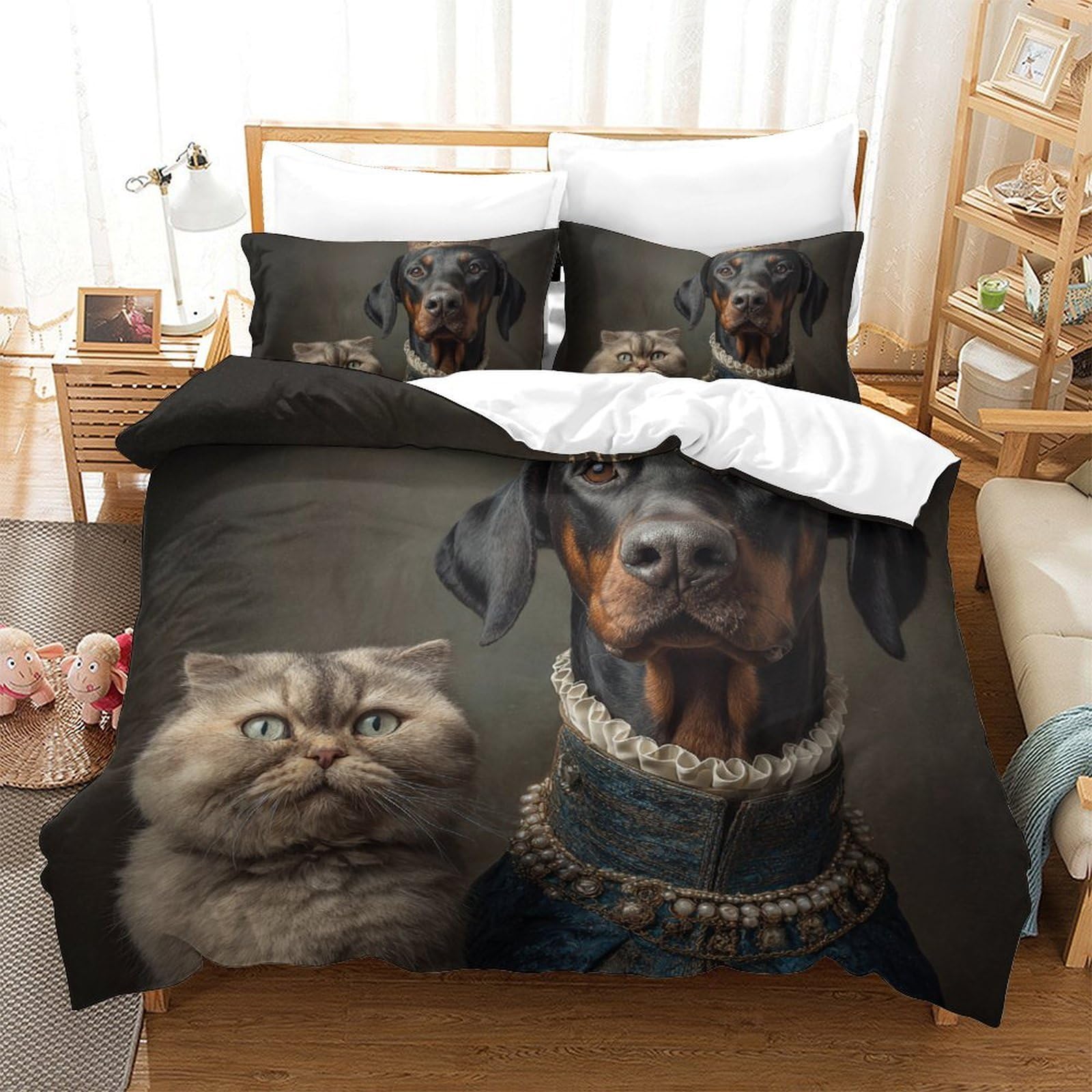Parure de lit doberman et chat style cour rétro | Housse de couette 135x200cm