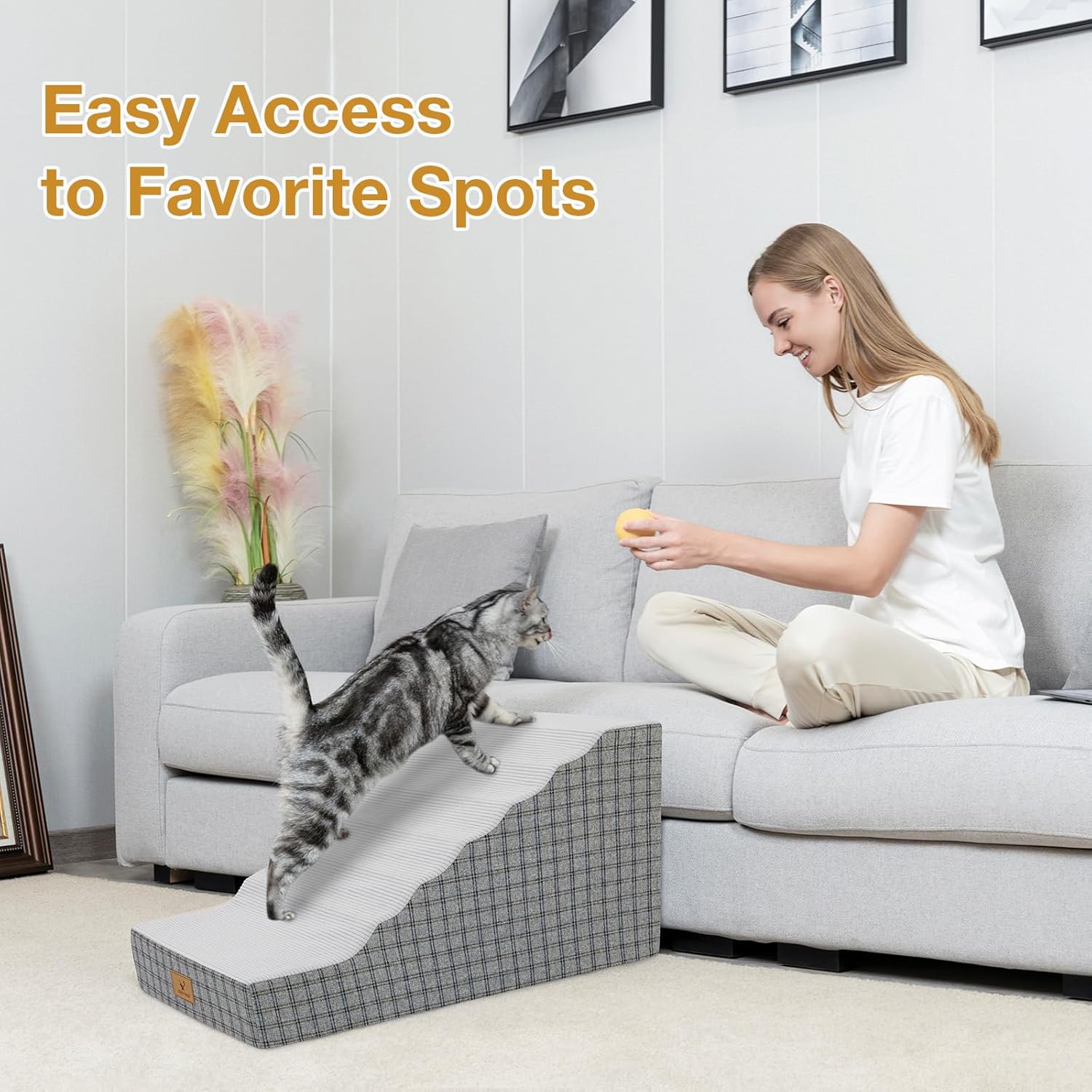 Pets Ramp for High Beds, Small Dogs & Senior Cats - Non-Slip Texture & Machine Washable Cover - Supportive Foam for Joint Comfort, Easy Climb for Couch, Sofa, Furniture (Grey)