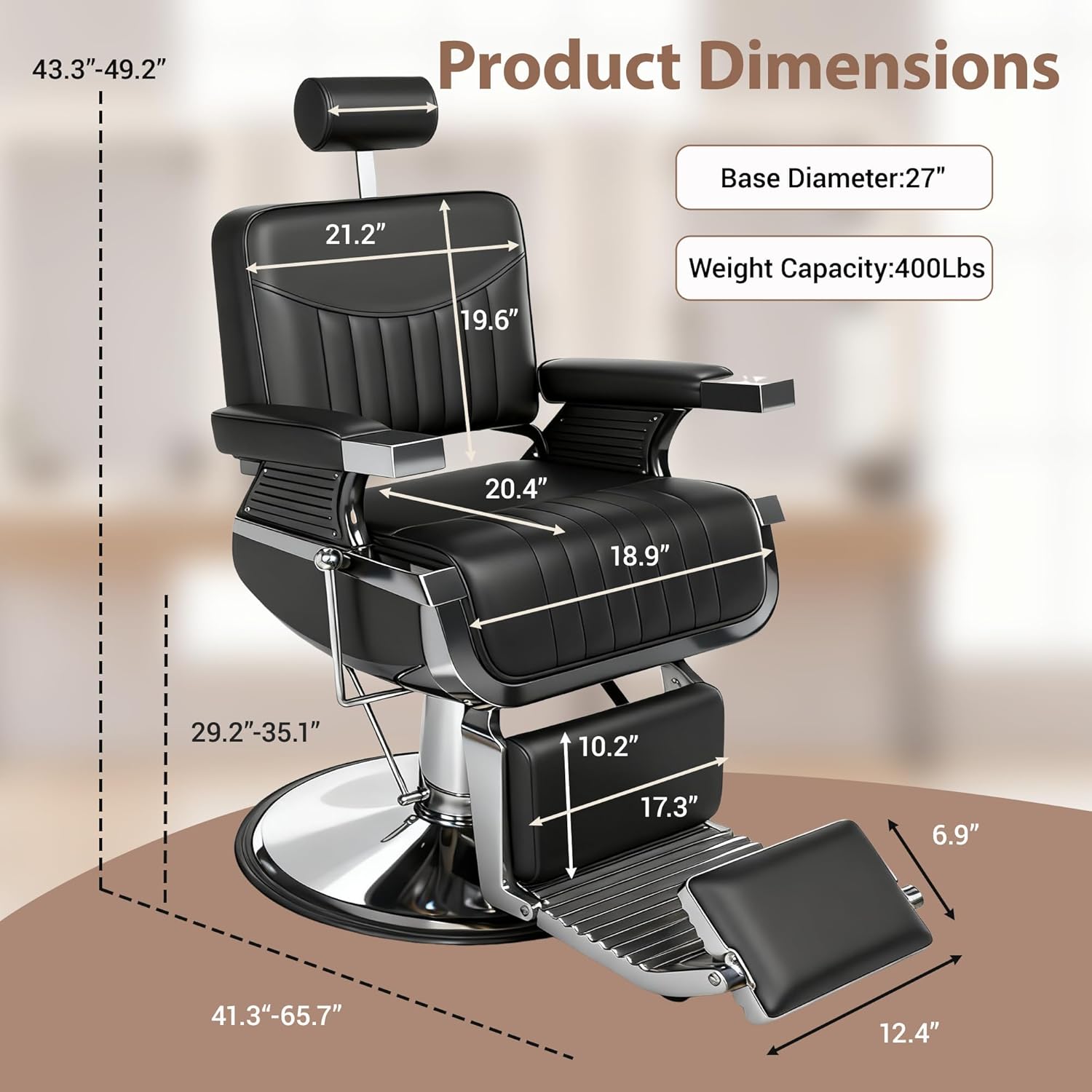 Barber Chair, Modern Hydraulic Reclining Barber Salon Chair with Vertical Stitch PU Leather, Adjustable Headrest & Footrest, 360° Swivel Heavy Duty All Purpose Barber Chair, Black and Silver