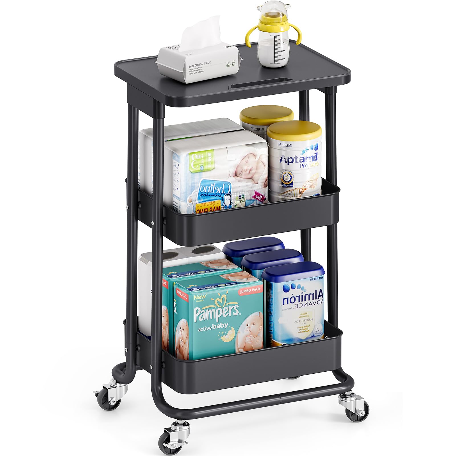 TOOLF 3-Tier Metal Rolling Utility Cart with Tabletop, Serving Rolling Storage Cart with Handle, Trolley Organizer for Library Office Classroom Home Bedroom, Light White (Pure Black)