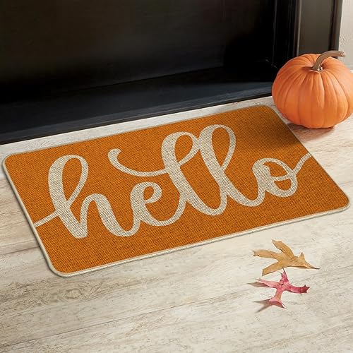 Miniatura 5 de Artoid Mode Felpudo naranja con texto en inglés "Hello Fall", decoración otoñal del hogar, tapete de bajo perfil, tapete para puerta de interior y