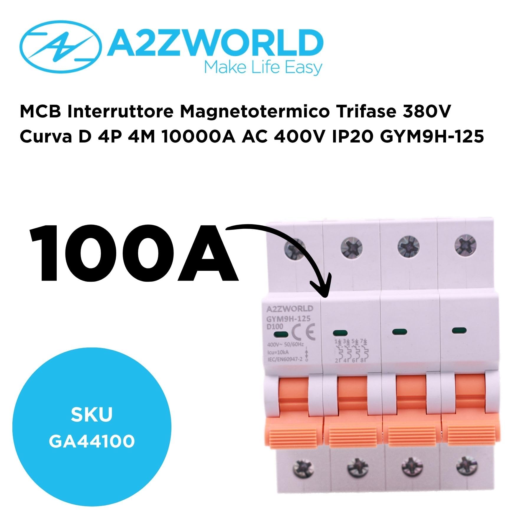 4 interruptores magnetotérmicos trifásicos 4P 100 A D100, curva D 10 kA, 4 módulos DIN 380 V AC, certificado IEC60898-1, serie GYM9H-125 profesional