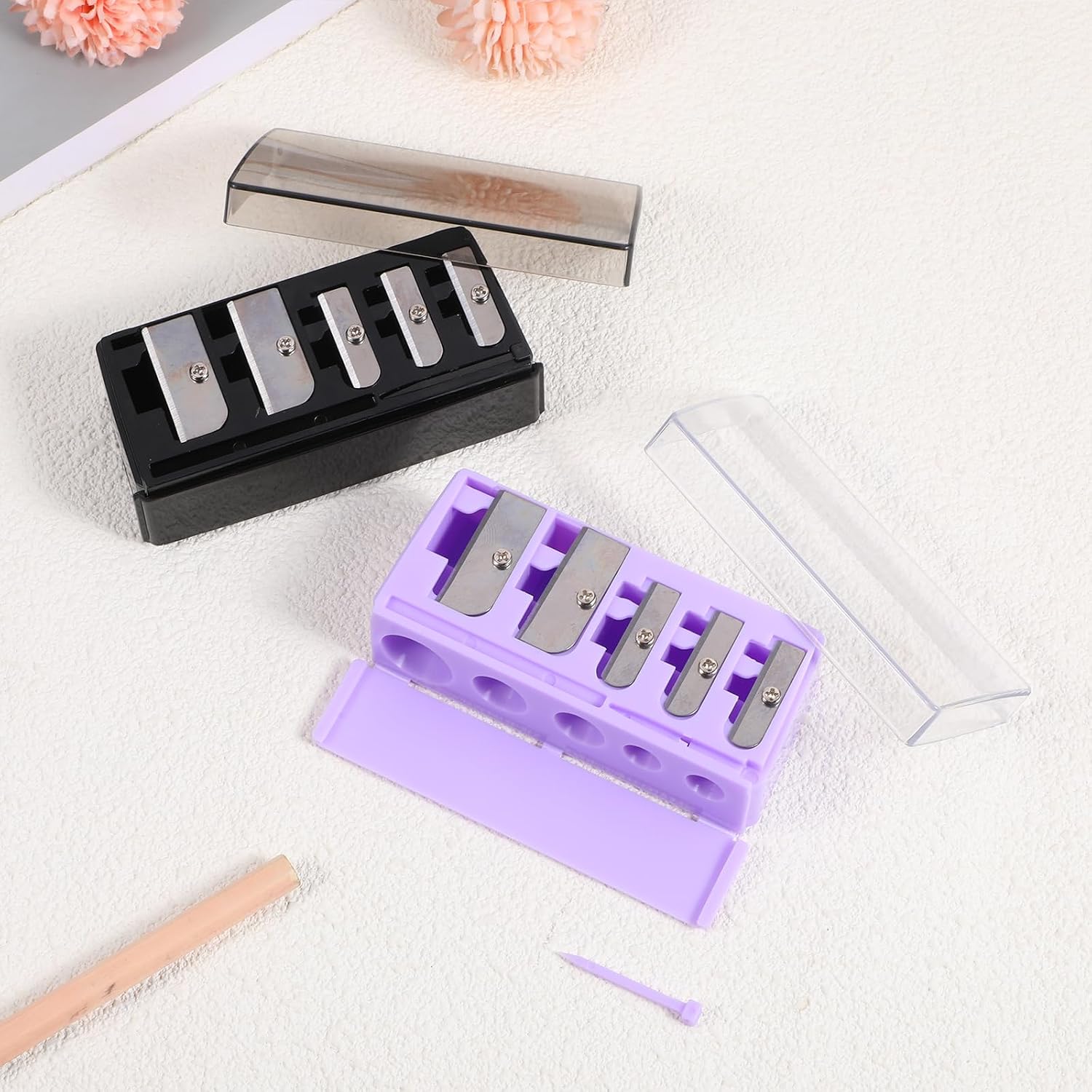 2 Pack Eyeliner Sharpener 5 Hole Cosmetic Long Point Pencil Sharpener Eye Pencil Sharpeners with Plastic Lid Cosmetic Manual Tools for Eyeliner Eyebrow Lip Liner Pencils(Black, Purple)
