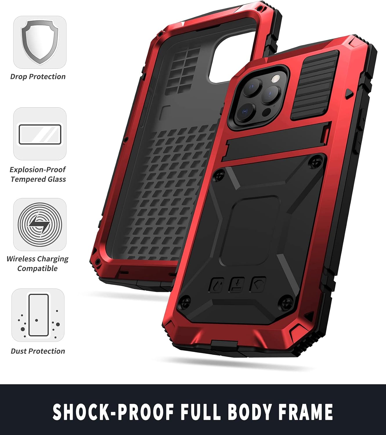 iPhone 13 Pro 5G Metal Case with Kickstand Built-in Screen Protector Sturdy Military Armor Durable Full Body Heavy Duty Shockproof Drop Tested Outdoor Case for iPhone 13 Pro (Red)