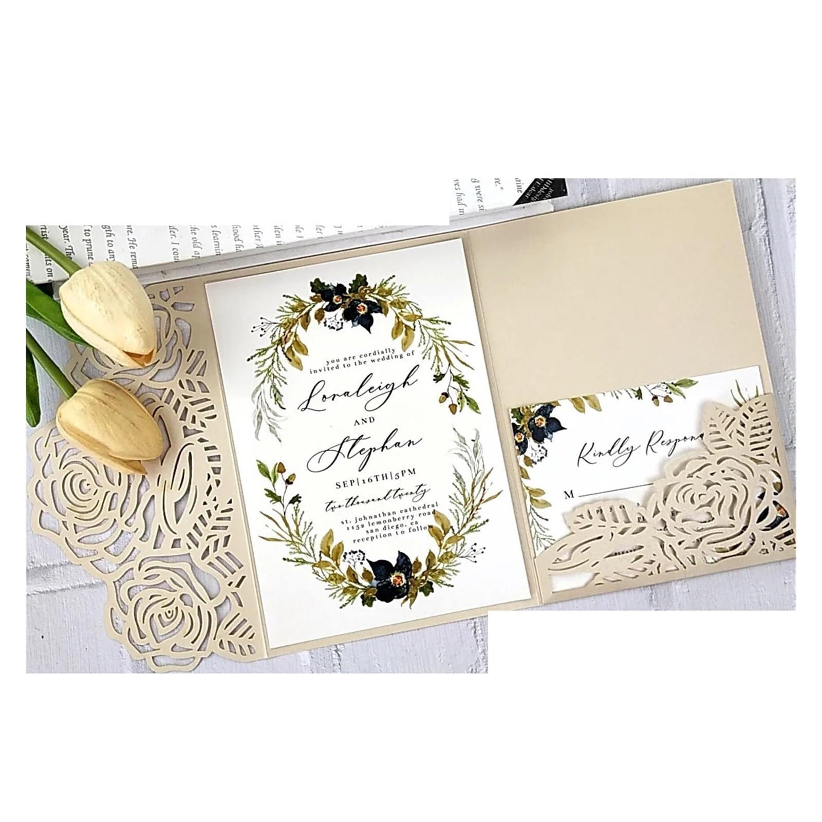 Hochzeitseinladungen Karte 10 Stück Waldgrüne Hochzeitseinladungen mit Laserschnitt, DIY-Kit, druckbare, dreifach gefaltete Geburtstags-/Partykarte mit Blumenmuster(Gold,Whole Set)