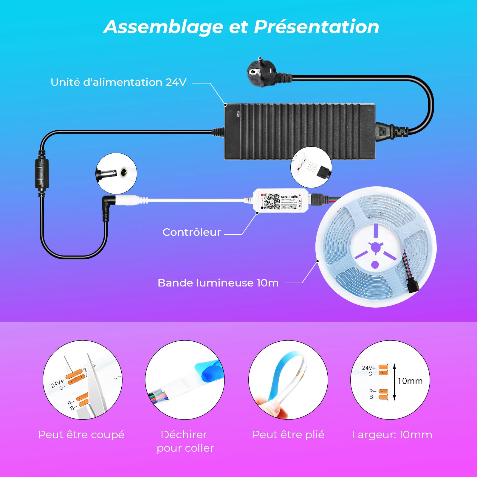 Ruban LED COB RGB 10M WiFi, Bande Lumineuse Intelligente 5760 LEDs Haute Densité, Compatible Alexa et Google Home, Sync Musique & App, Idéal pour Décoration Chambre, Gaming et Salon (24V)