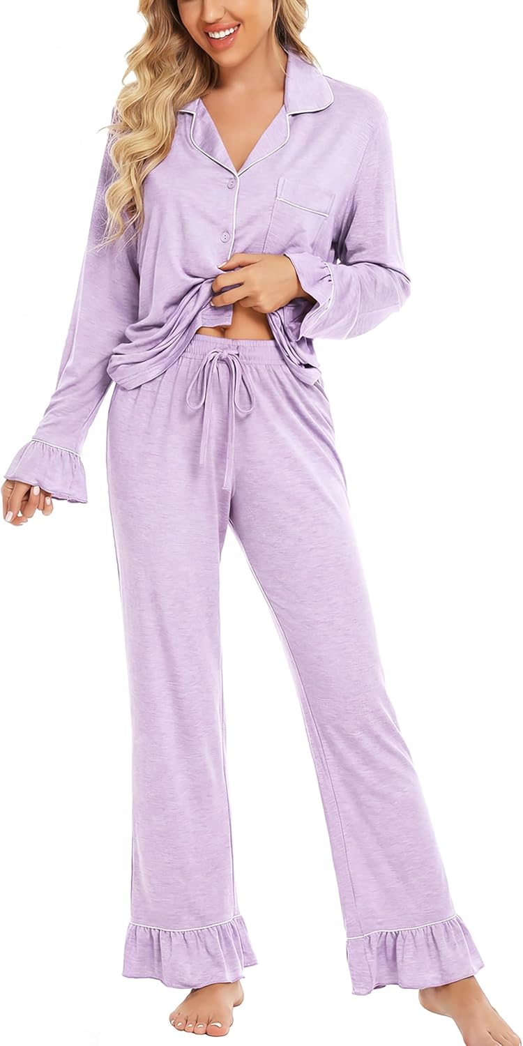 Women Bamboo Viscose Pajama Sets Ruffled Cuff Hem Long Sleeve Fancy Yarn 2 Piece Loungewear Loose Fit Drop Shoulder