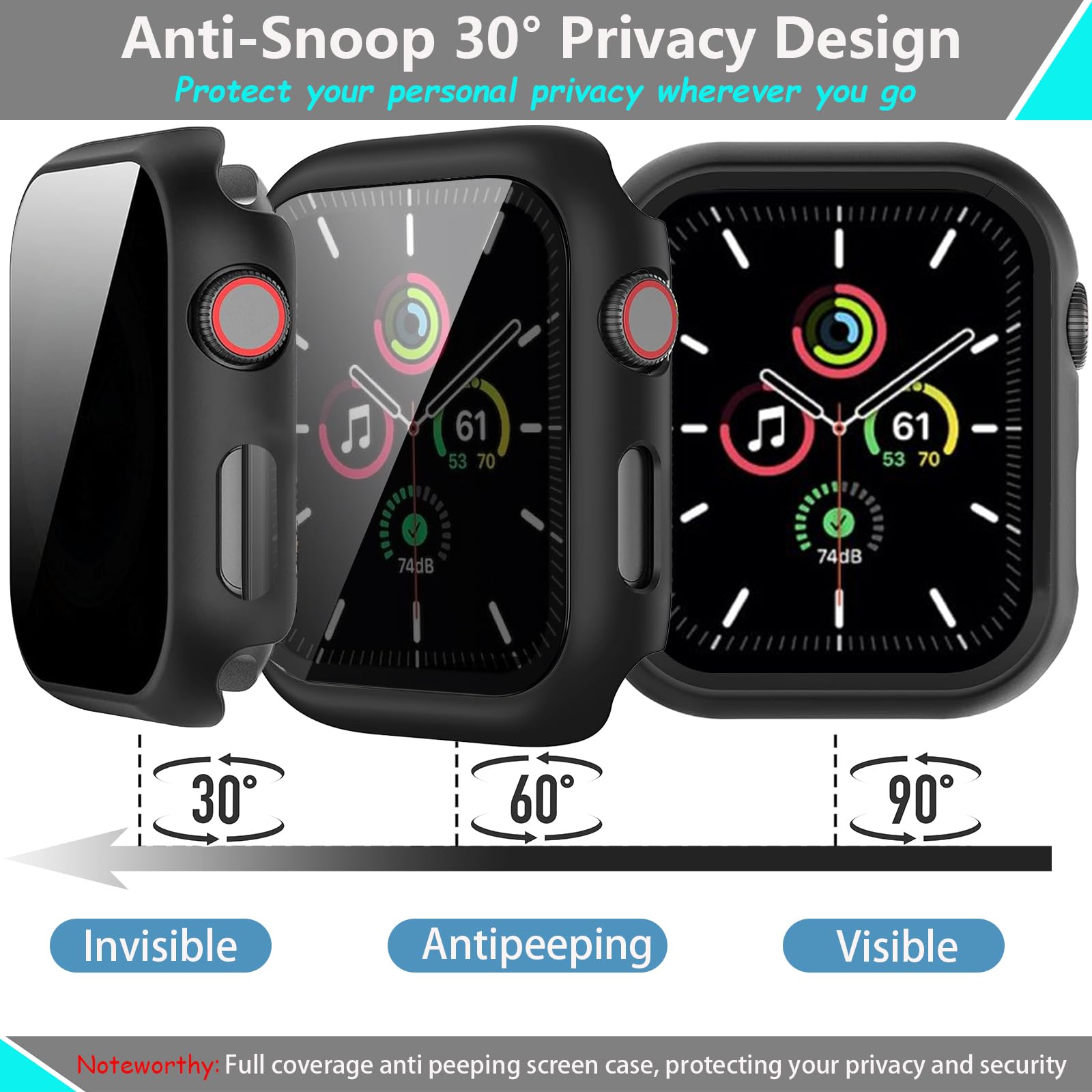 AOKUTDA Confezione da 3 custodie compatibili con Apple Watch serie 10 da 46 mm, protezione dello schermo in vetro temperato anti spia a 30°, copertura ultra sottile e completa, per accessori iWatch (3