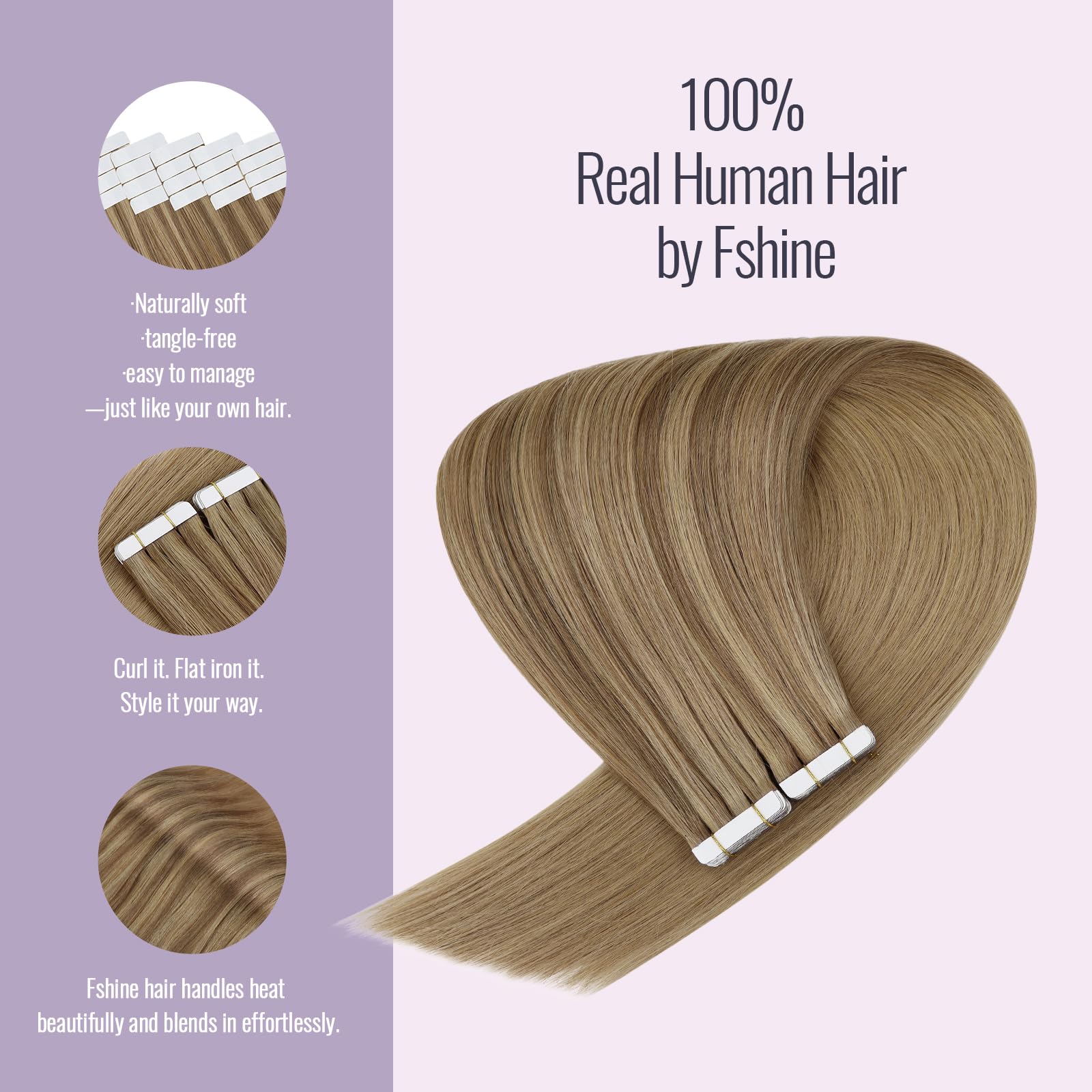 fshine Extension Biadesive Capelli Veri 50g 55CM Extension Adesive Capelli 20Pcs Remy Capelli Ombre dal Marrone Dorato al Biondo Scuro Extension Invisibili Hair Tape in Extension Lisci Capelli