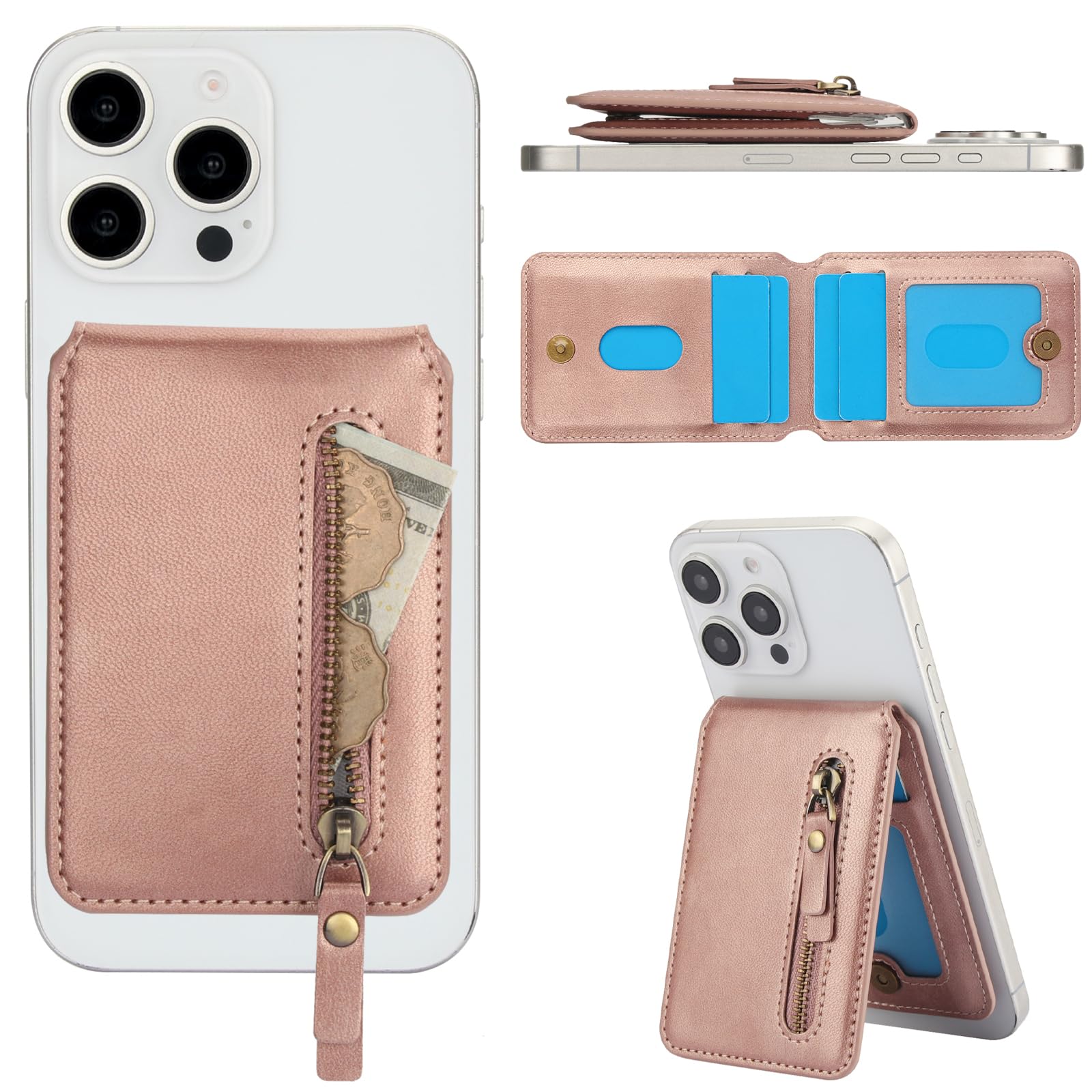 HAII for MagSafe Card Wallet Bag compatible with MagSafe Invisible Ultra-Thin Lightweight Kickstand Magnetic Mobile Wallet Man Woman, 8 Card Slots. (Pink, Zipper)-image-40
