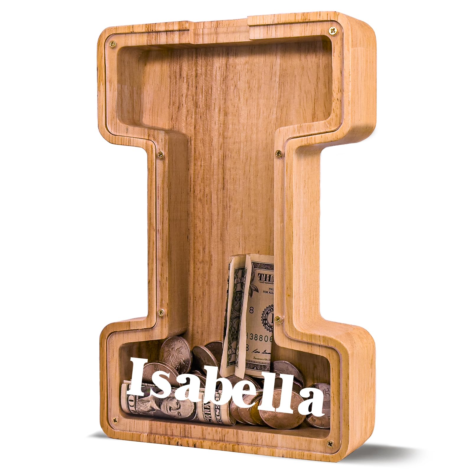 JOOMLAFLY Personalized Wooden Letter Piggy Bank for Kids Larger Letter Piggy Bank for Boys and Girls Initial Coin Bank Customized Piggy Bank Perfect Wood Kids Money Bank for Birthday and Festival