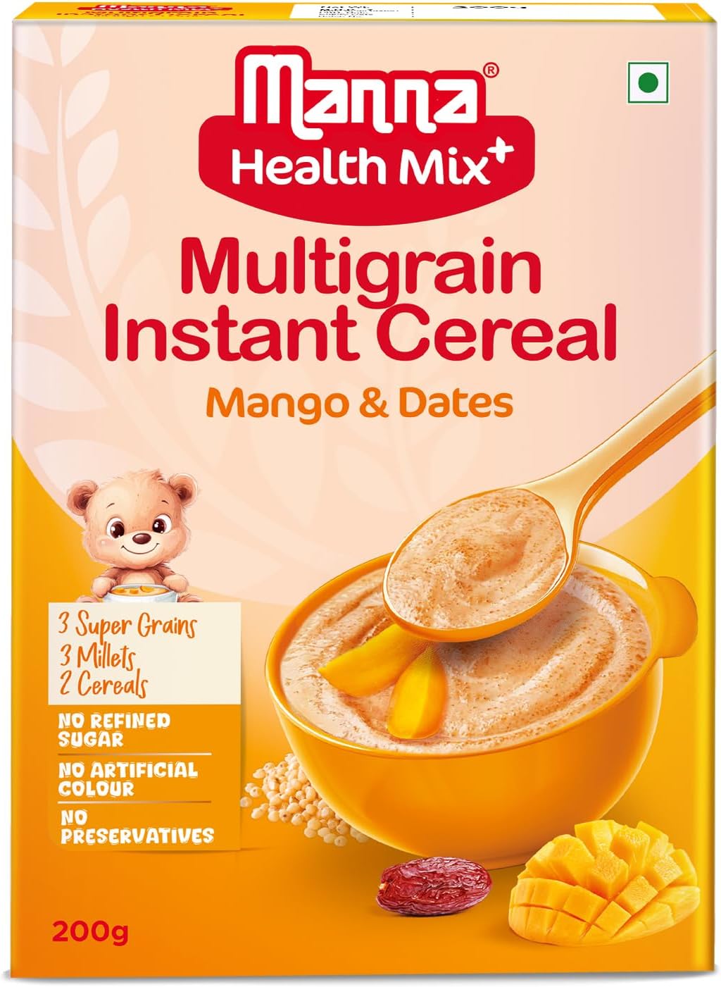Manna Health Mix Instant Multigrain Cereal, Mango, Banana and Dates with Milk. Made with Real Fruits and 7 Supergrains and Millets. No Added Sugar, No Artificial Colour, Flavours 200g