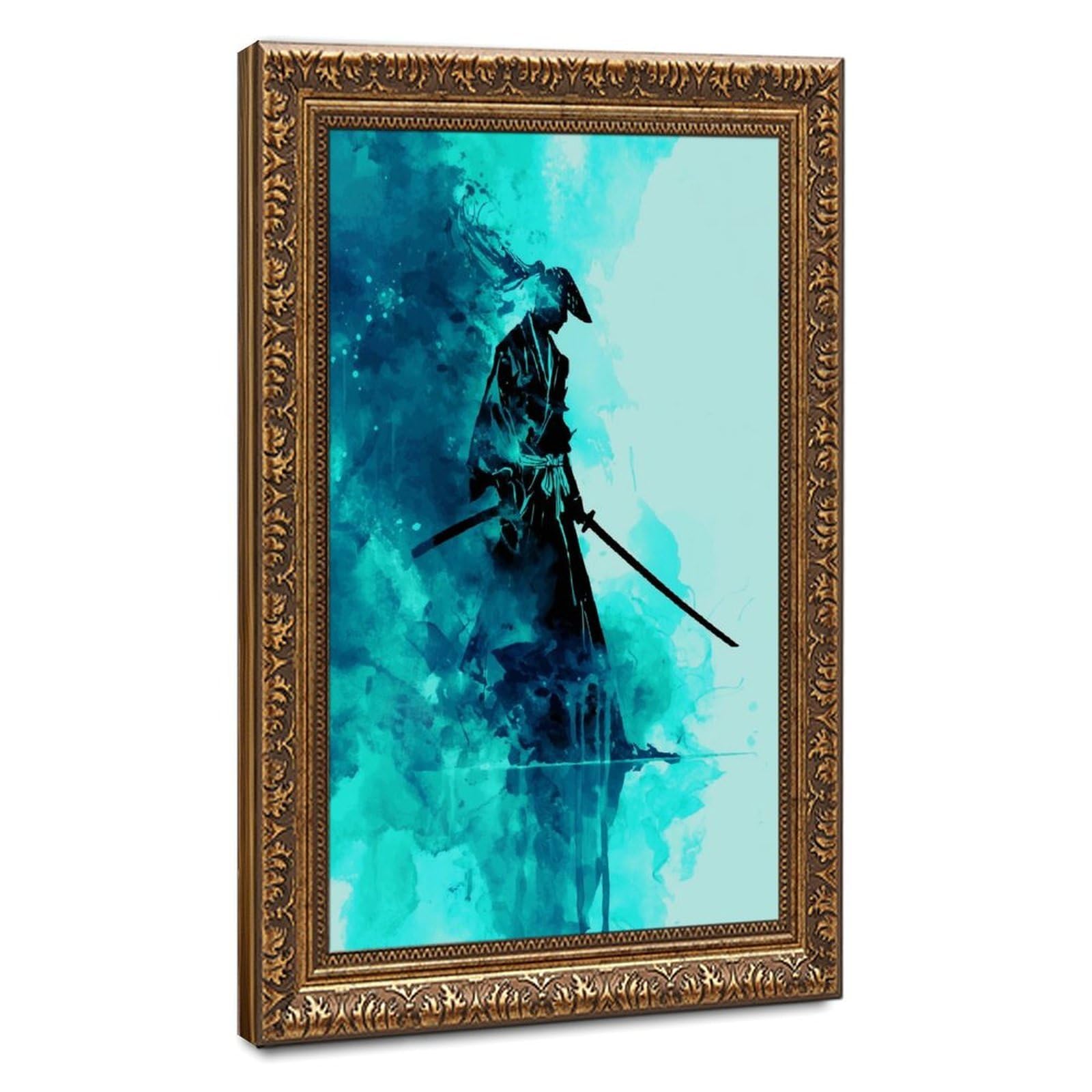 Pyberon Retro Gold Frame-Style Japanese Samurai Canvas Poster For Dorm Room Decor Gift