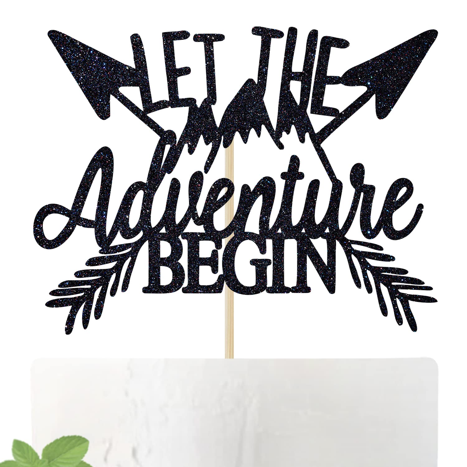 Let the adventure begin Cake Topper - Baby Shower/Graduation/Wedding Cake Decorations, Going Away/Engagement/Retirement Celebration Party Supplies, Black Glitter