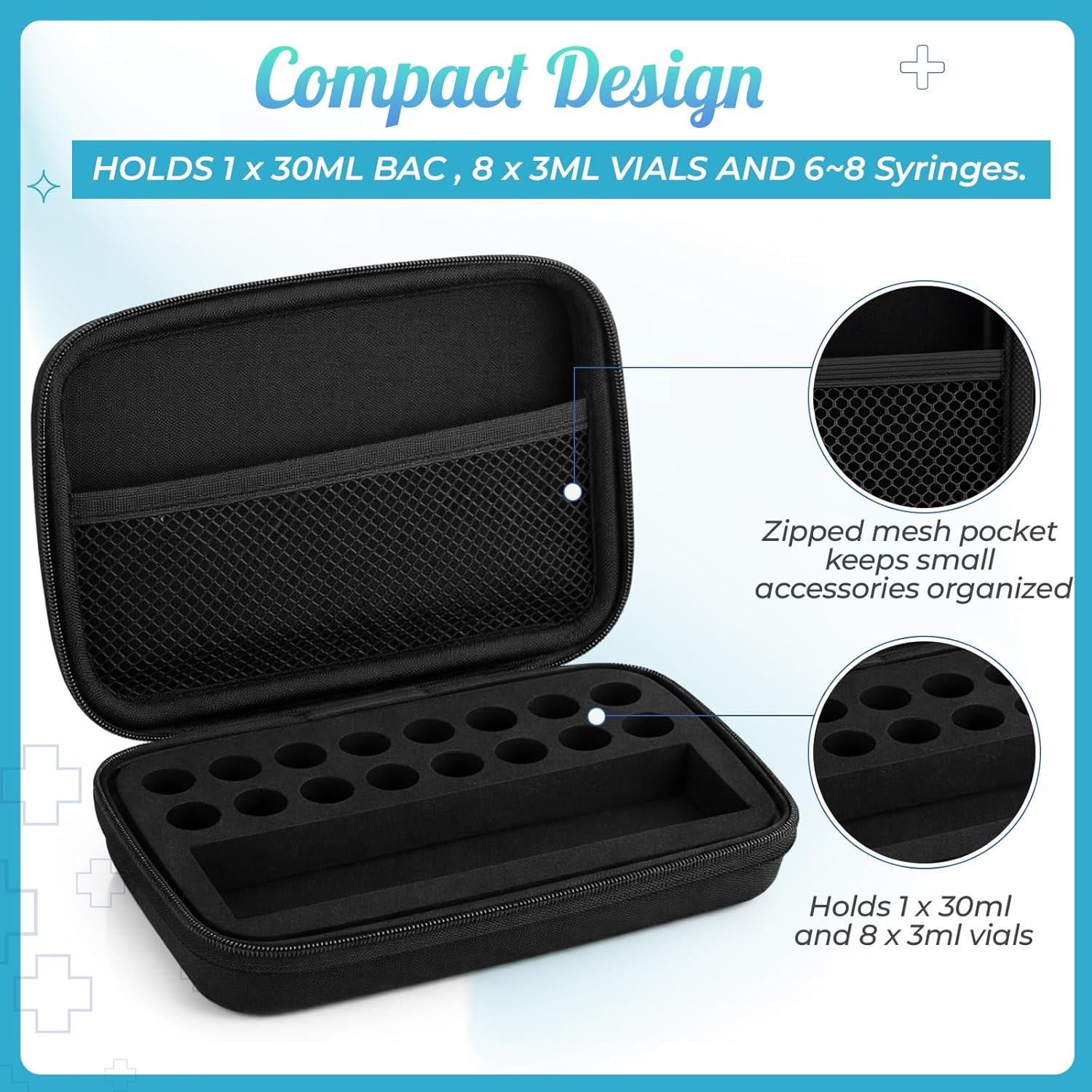 3ml Vial Storage Case, Peptide Case for Fridge, Insulin Fridge Holder Storage Cases, Peptide Travel Cases, Room for Disinfectant Wipes, Black with Mesh Pockets