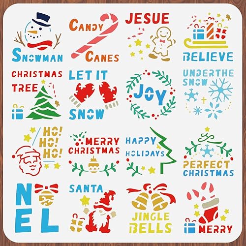 Plantillas de pared de Feliz Navidad para pintar de 11.8 x 11.8 pulgadas, plantilla de azulejos de cascabel, muñeco de nieve de invierno, plantillas