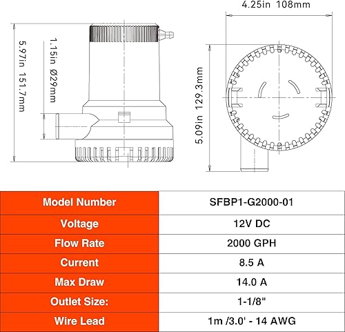 Miniatura 88 de SEAFLO Bomba de sentina Serie 01 500 GPH – Salida de 12 V, 3/4 pulgadas, bomba sumergible marina con protección antibloqueo de aire, certificado CE