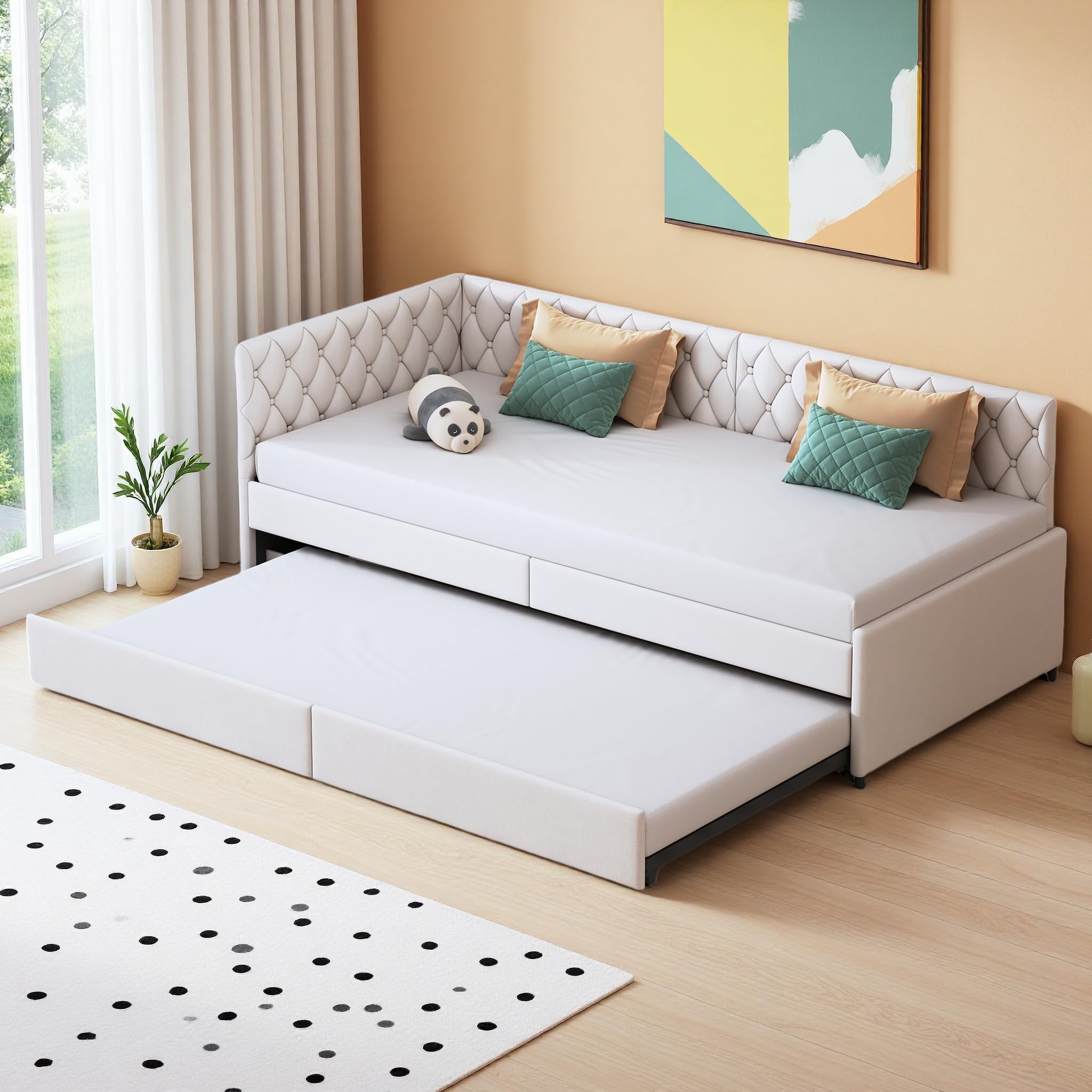 PerGar Schlafcouch Ausziehbar 90 x 200 cm mit Rollen, Einzelbett Kinderbett Schlafsofa mit Schlaffunktion, Ausziehbett Schlafsofa Jugendliche Gästebett mit Lattenrost, Samt, Beige