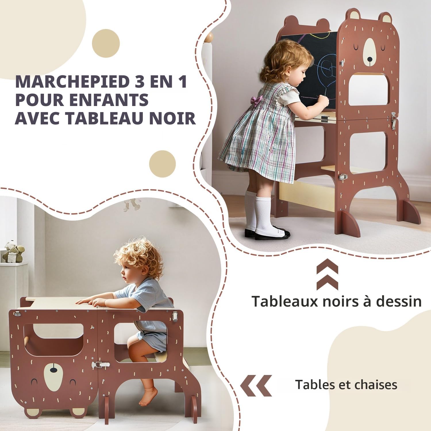 Labebe Tour d Observation Enfant, Grande Taille Tour d'observation Montessori 1-3 Ans,Tour Montessori multifonctionnelle 3 en 1 - l'ours Brun