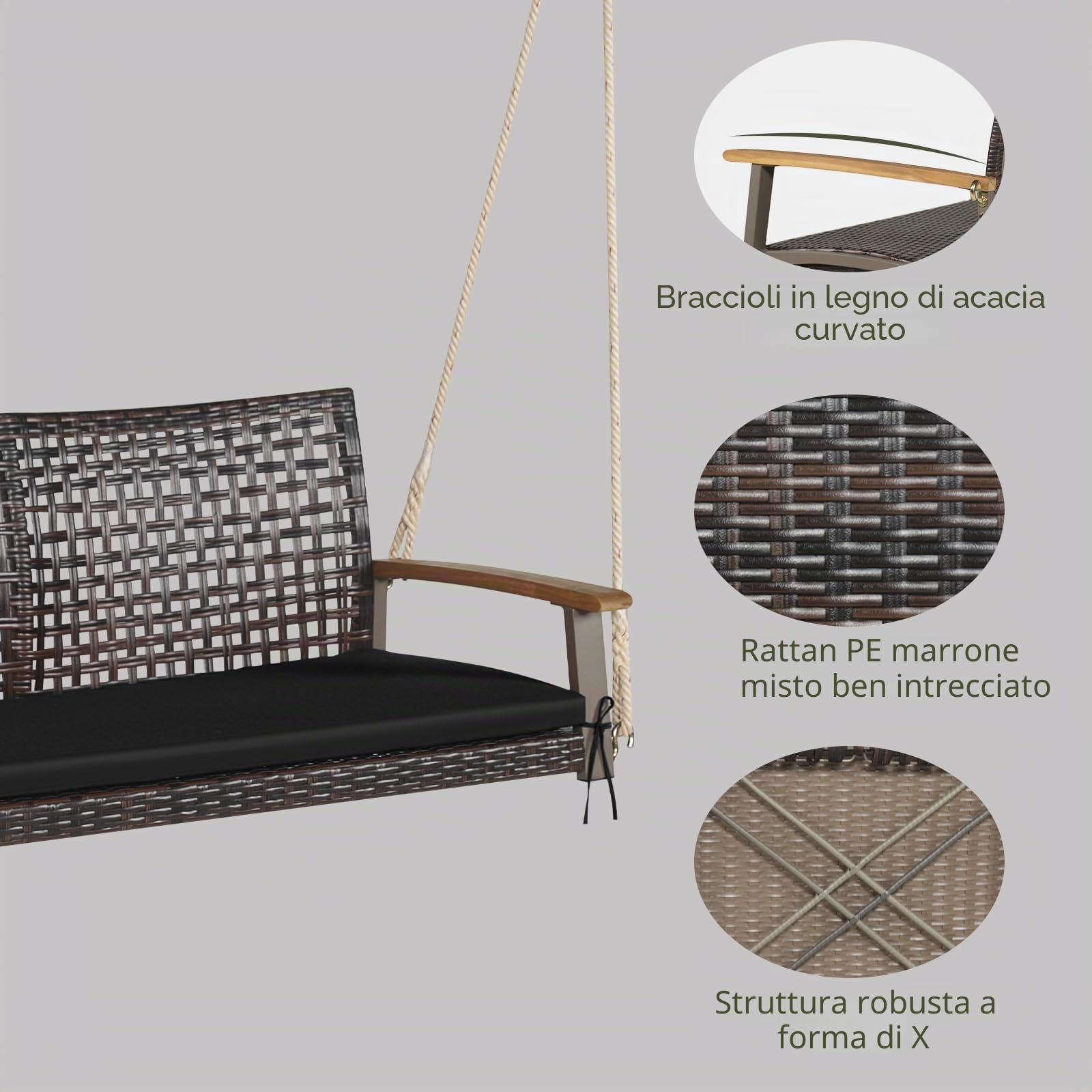 KOMFOTTEU Panca sospesa in rattan, altalena sospesa per 2 persone, sedia a dondolo da giardino con ringhiera in legno di acacia, panca sospesa fino a 360 kg (incluso cuscino)