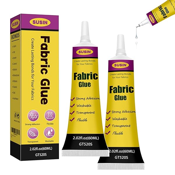 2Packs Strong Fabric Glue Permanent Clear - Washable Fabric Glue for Clothing Patches, Leather, Cotton, Denim, Polyester, Flannel