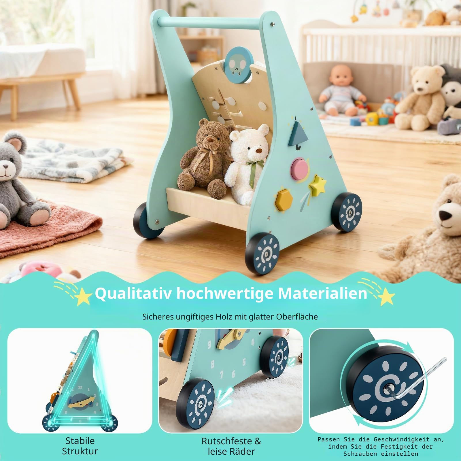 Baby Lauflernwagen aus Holz - Multifunktionale Lauflernhilfe mit Motorikspielzeug - Montessori Lernspielzeug mit Griff - 8 Verschiedene Spielbereiche Geschenk für Jungen und Mädchen ab 1 Jahr