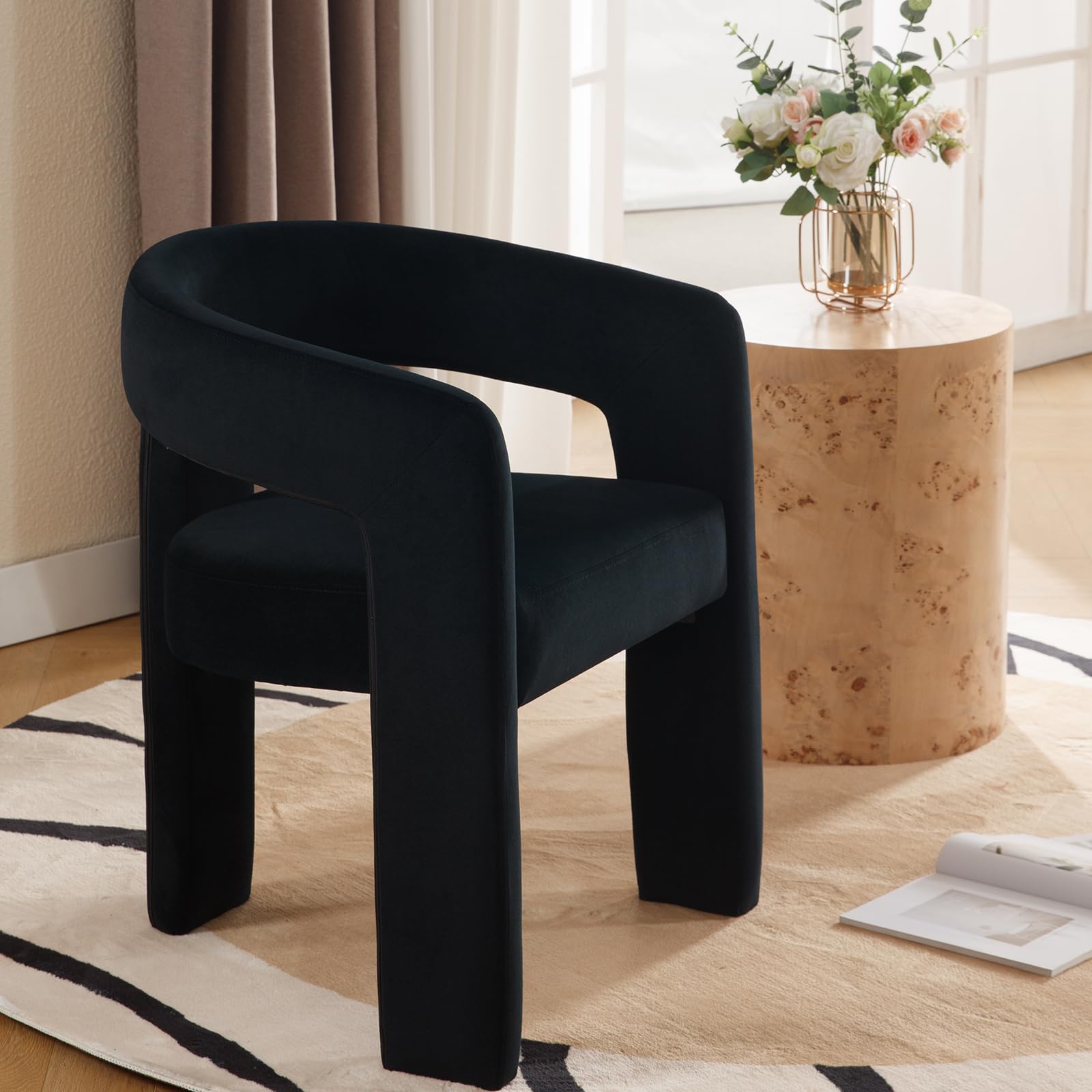 DAYALANE Modern Barrel Dining Chair, Upholstered Accent Kitchen Chair with Arms Comfy Velvet Side Chair for Living Room/Home Office/Reception, Black