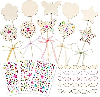AUGSUN 43Pcs Princess Fairy Wands Kit, 20Pcs Wood Fairy Wands 20 Ribbons with 3 Sheets Gem Stickers Birthday Party Supplies Make Your Own DIY Crafts Art Magical Gifts
