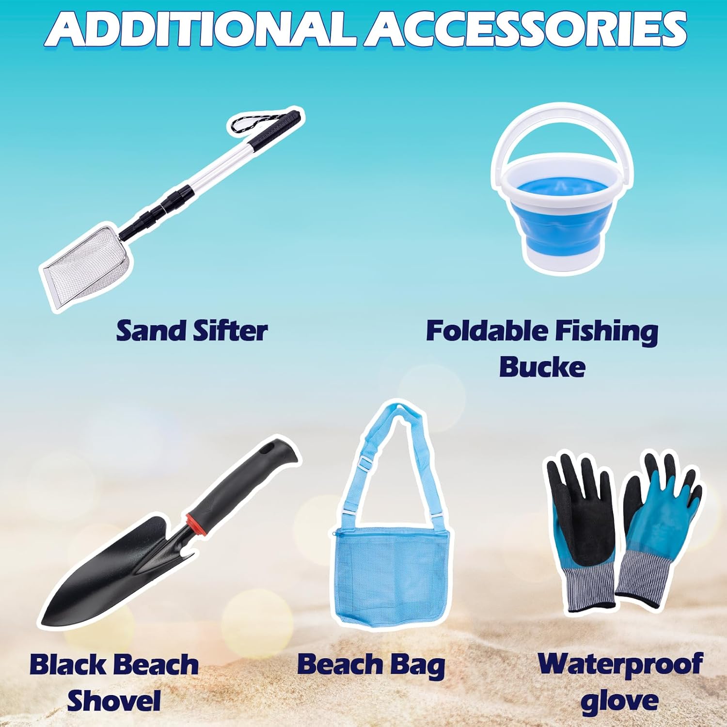 Sand Fleas Rake Set, Detachable 52 Inches Long Handle, Includes Sand Flea Rake, Sand Sifter, Beach Bag, Black Beach Shovel, Foldable Fishing Bucket, Pair of Gloves