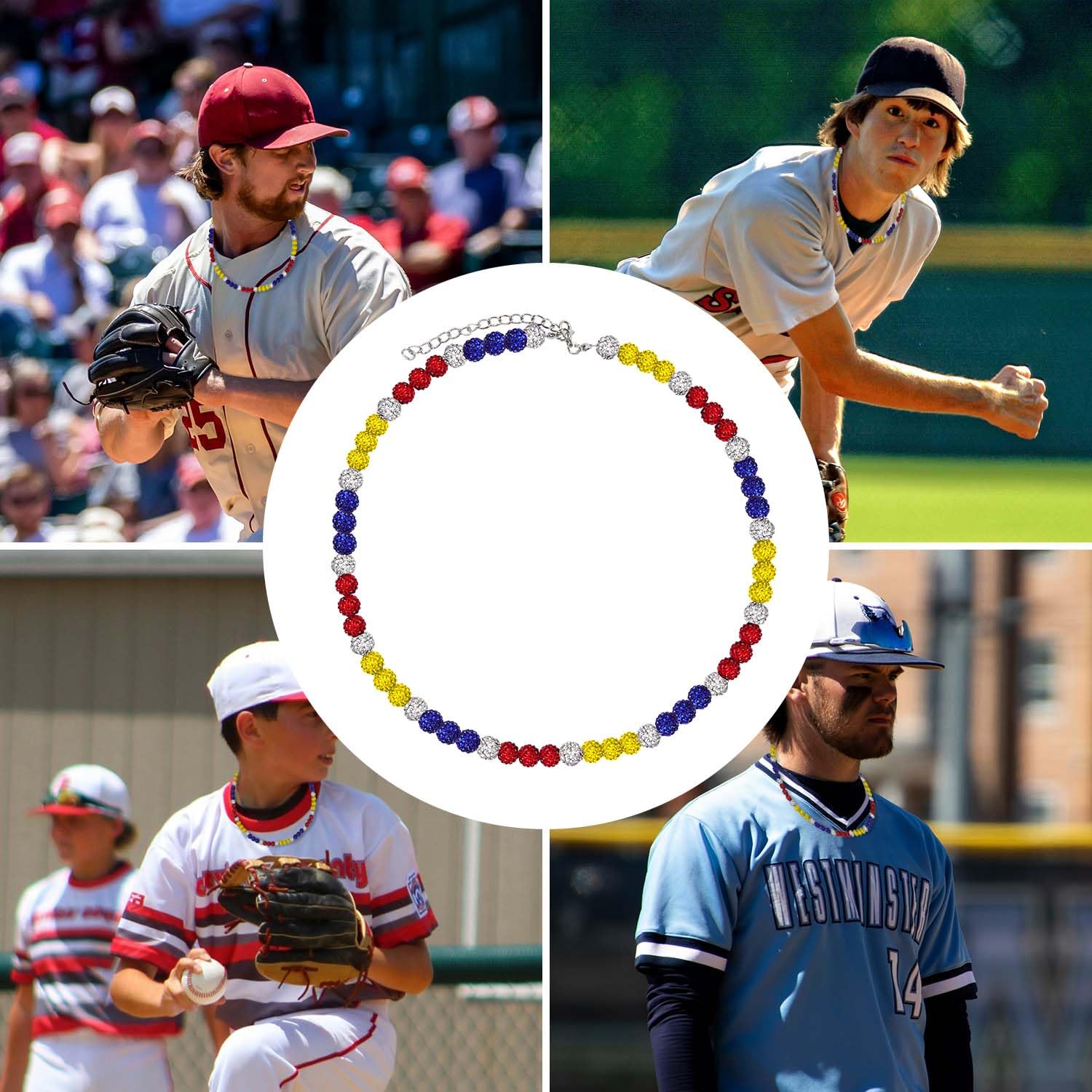 Collier de Baseball de Philadelphie Strass Scintillants Colliers Perles Inspirés Sport d'Athlète Bijoux pour Hommes Femmes 4 Couleurs