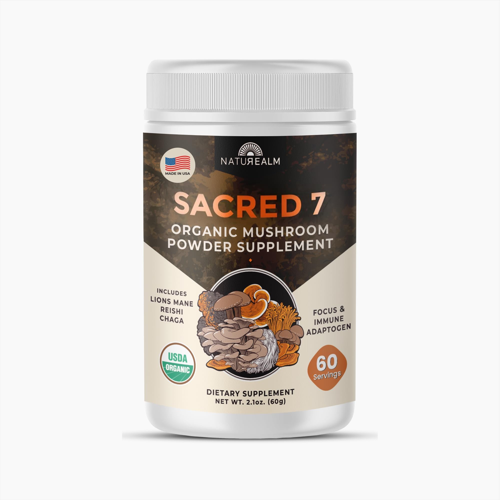 Sacred 7 Mushroom Extract Powder - USDA Organic - Lion's Mane, Reishi, Cordyceps, Maitake, Shiitake, Turkey Tail, Chaga - Supplement - Add to Coffee/Tea/Smoothies - Whole Mushrooms - No fillers