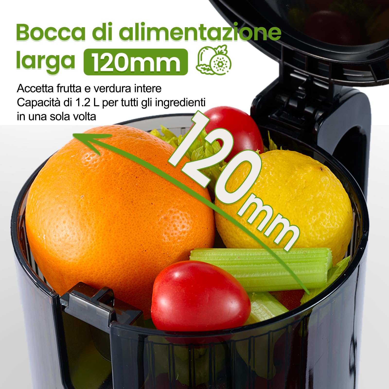 Ventray Estrattore di Succo a Freddo | Bocca Larga 120mm per Frutta e Verdura Intera Senza Preparazione | Sistema a Doppia Filtrazione | Facile da Pulire | 250W | 1.2L | Senza BPA | Nero