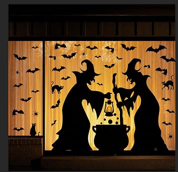 Halloween Decorations Window Clings Decor, Extra Large Witches with Black Cat Bats Spider Cauldron Silhouette Halloween Window Stickers Decals Indoor Outdoor, School Home Office Party, 3 Sheets