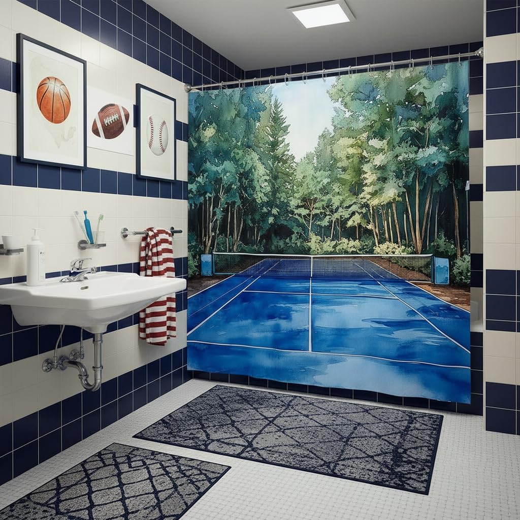 Castle Fairy Tennis Court Bath Curtain,Watercolor Oil Painting Tennis Table Bathroom Shower Curtain for Kids Boys,Outdoor Sport Botanical Trees Waterproof Fabric with Hooks for Stalls,72Wx72L inch