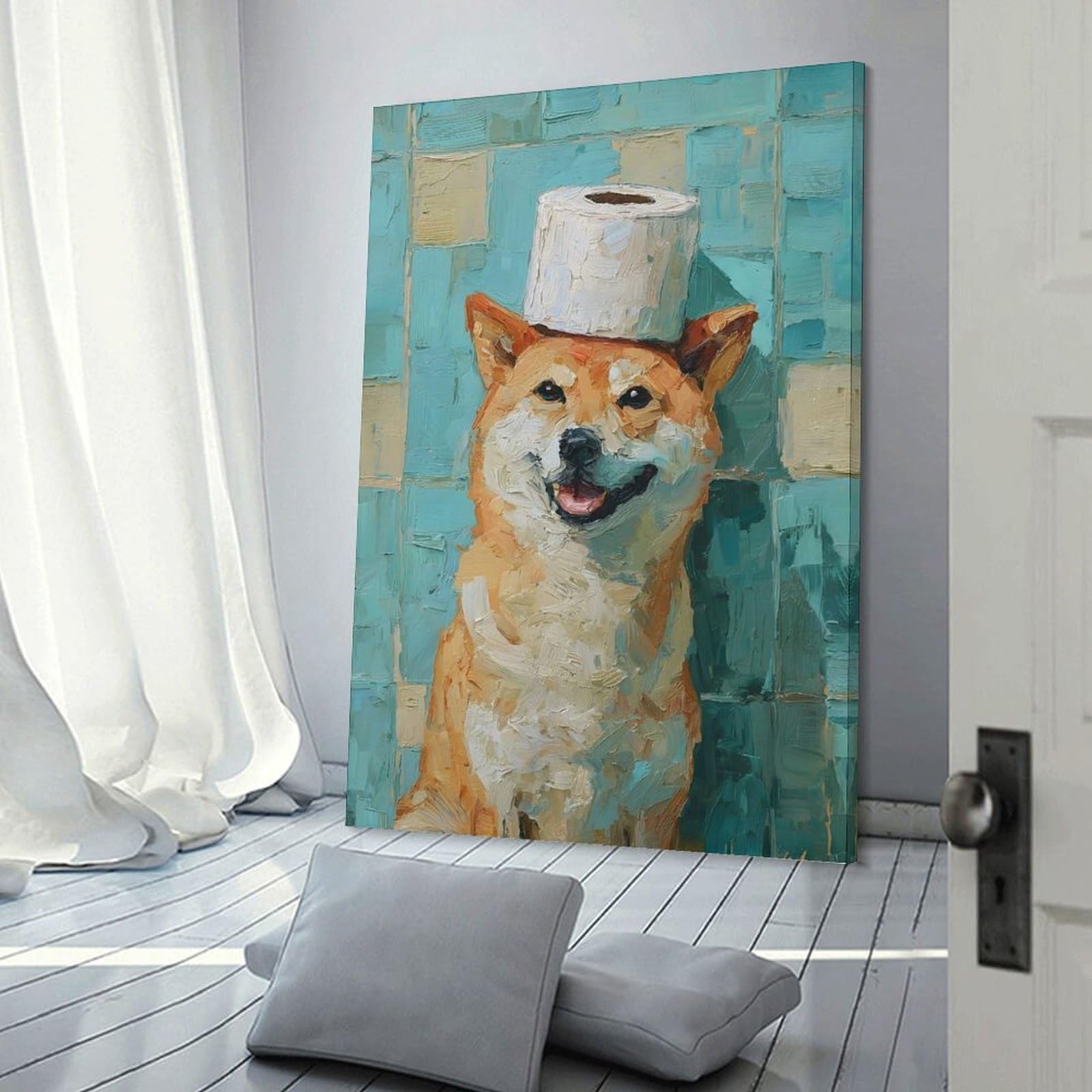 Junmoney Frame-Style-13 Shiba Inu With Toilet Paper Hat Canvas Art Print 24X36inch(60X90cm), For Calm Bedrooms, Home Corners Or Flats, An Easy Wall Refresh For Bedrooms