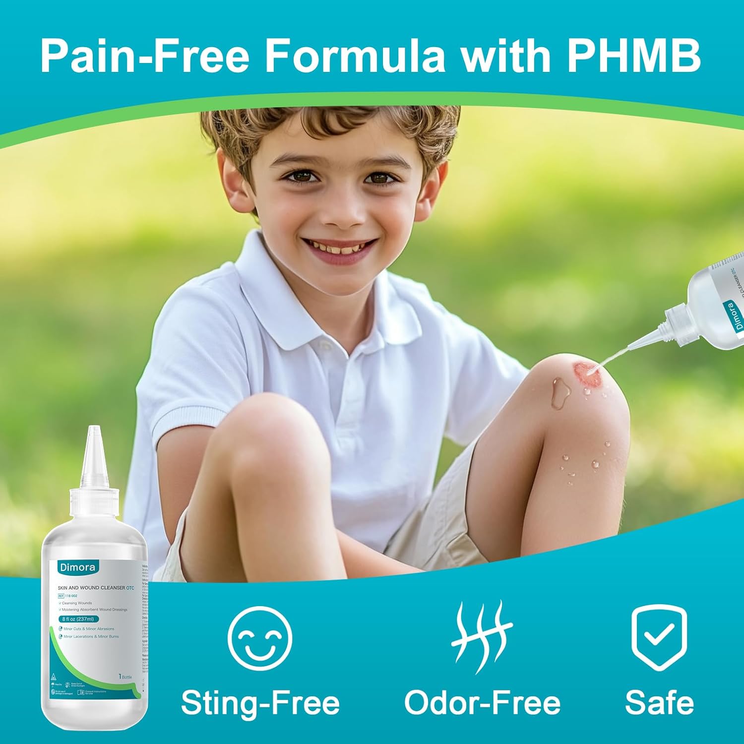 Dimora Skin and Wound Cleanser, OTC First Aid Antiseptic Cleanser,Moistening Absorbent Antibacterial Wound Dressings for Cuts, Abrasions, Lacerations, Burns, Skin Cleansing and Rinsing -8oz / 237mL - Image 4