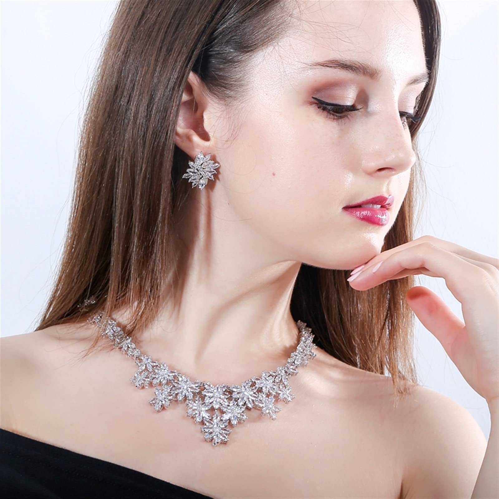 Set di Gioielli da Sposa con Collana e Orecchini da Sposa con Fiori Grandi in zirconi Color Oro Bianco